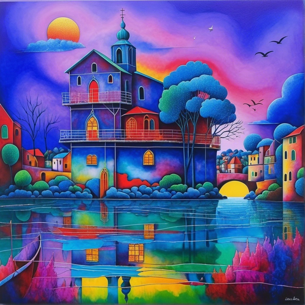 Whimsical House by Serene Lake at Sunset