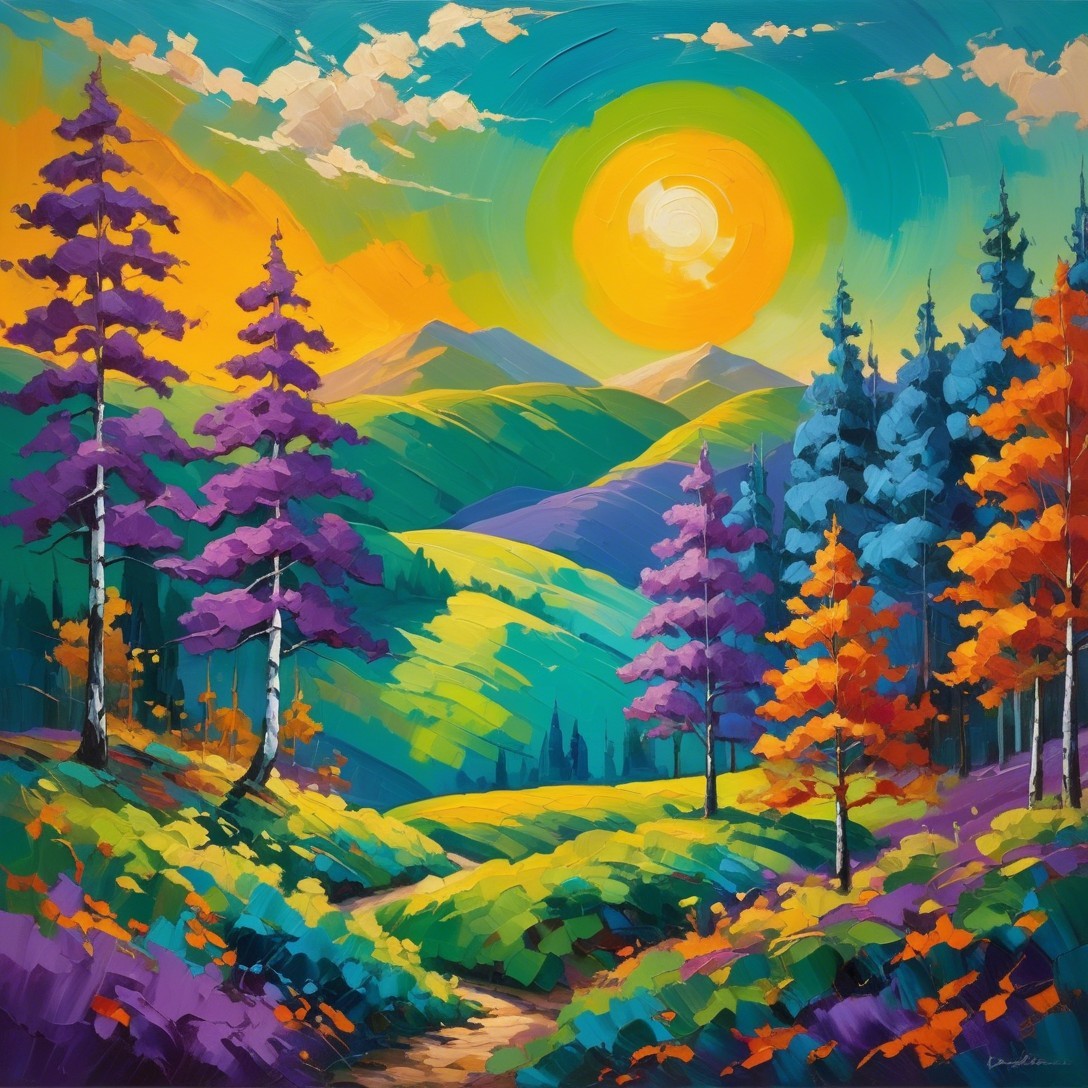 Vibrant Landscape with Colorful Trees and Hills