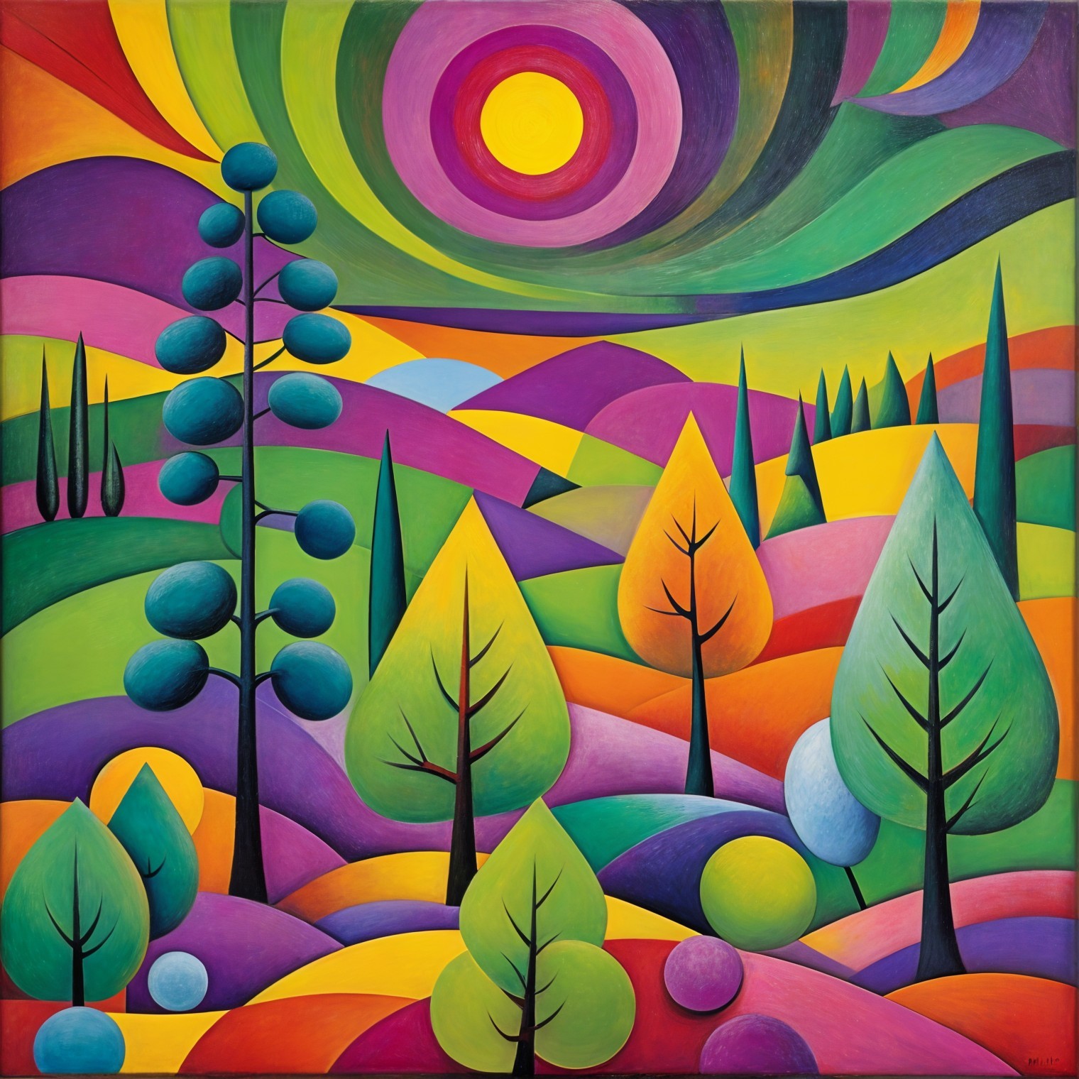 Vibrant Landscape with Colorful Hills and Trees