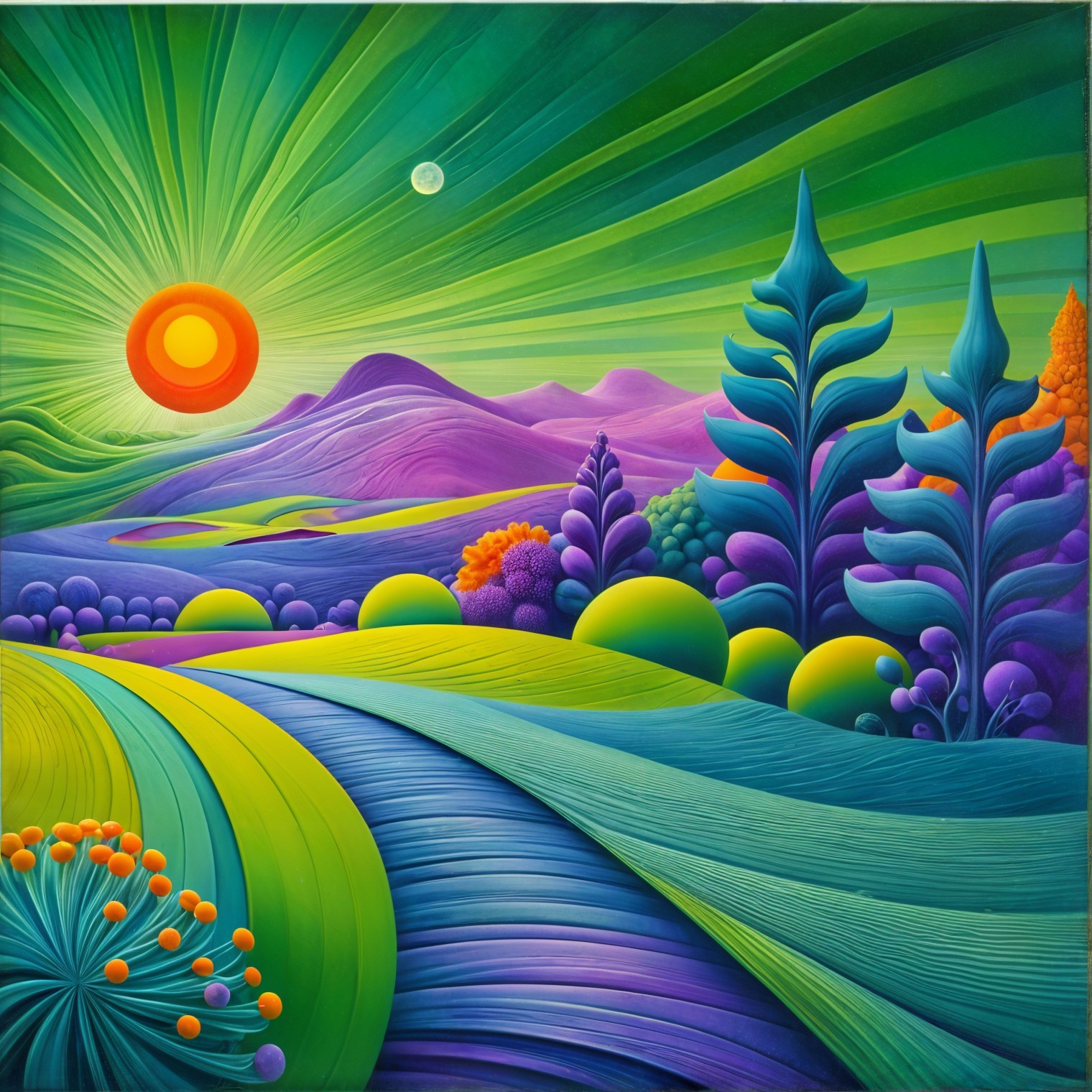Surreal Landscape with Colorful Hills and Moon