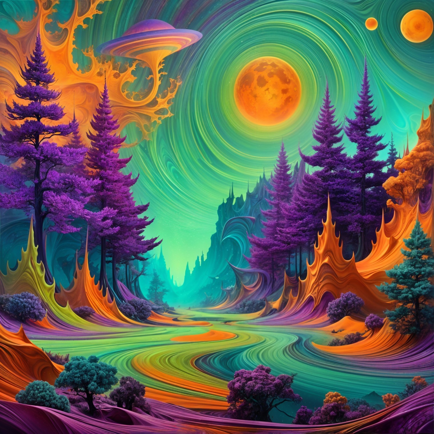Surreal Landscape with Vibrant Colors and Moonlit Sky