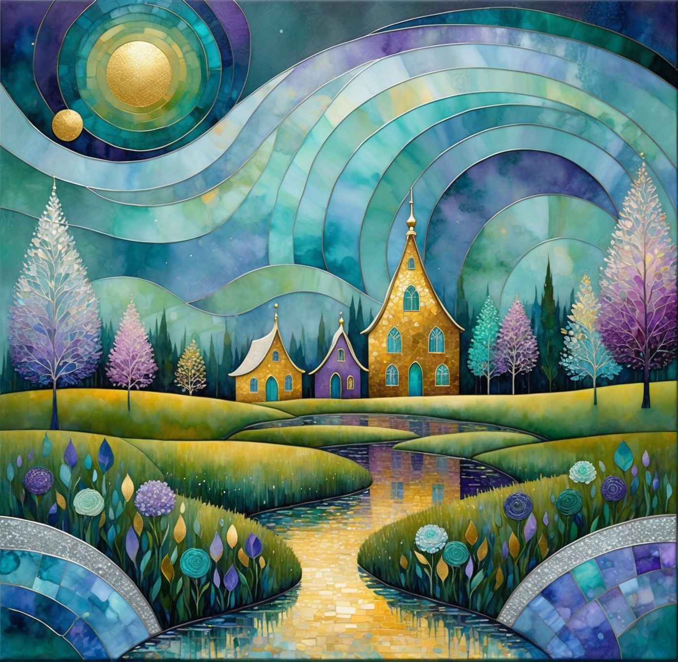 Stained-Glass Watercolor of Fairytale Landscape