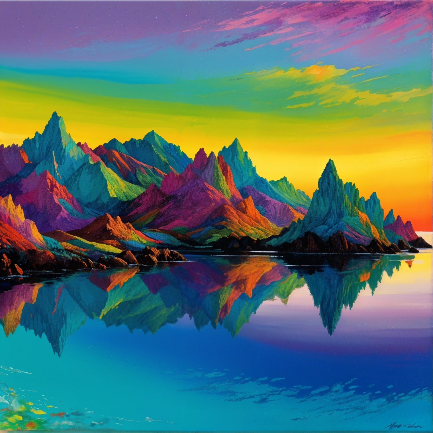 Vibrant Landscape Painting of Dramatic Mountain Peaks