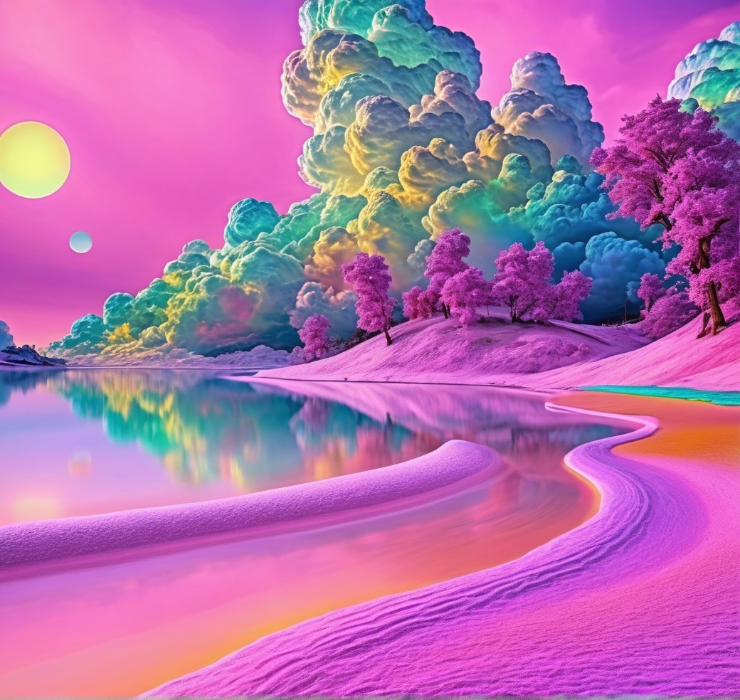 Surreal Landscape with Vibrant Sky and Tranquil Lake