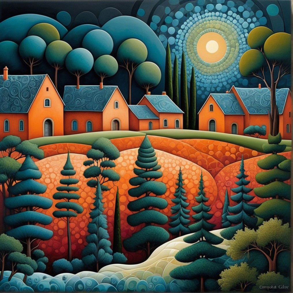 Vibrant landscape with stylized houses and hills