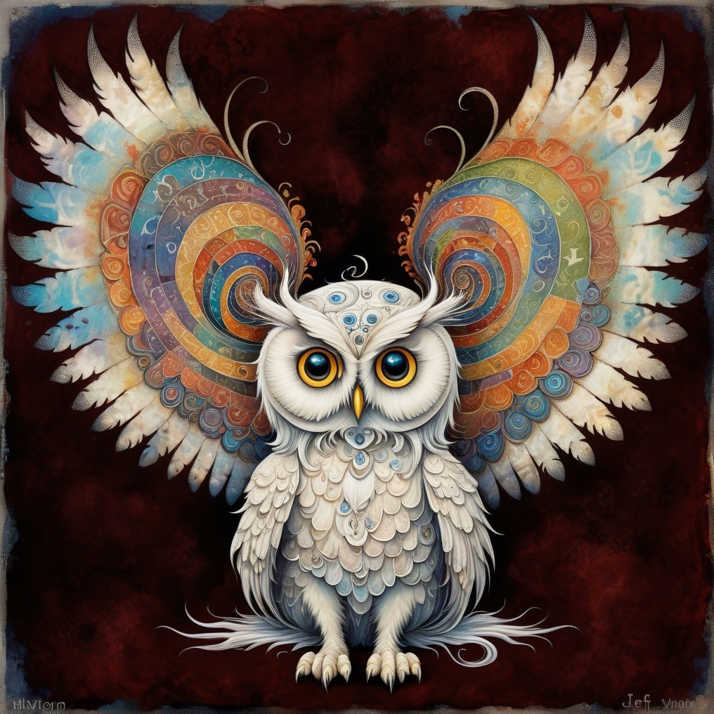 Whimsical Owl with Colorful Feathers and Patterns