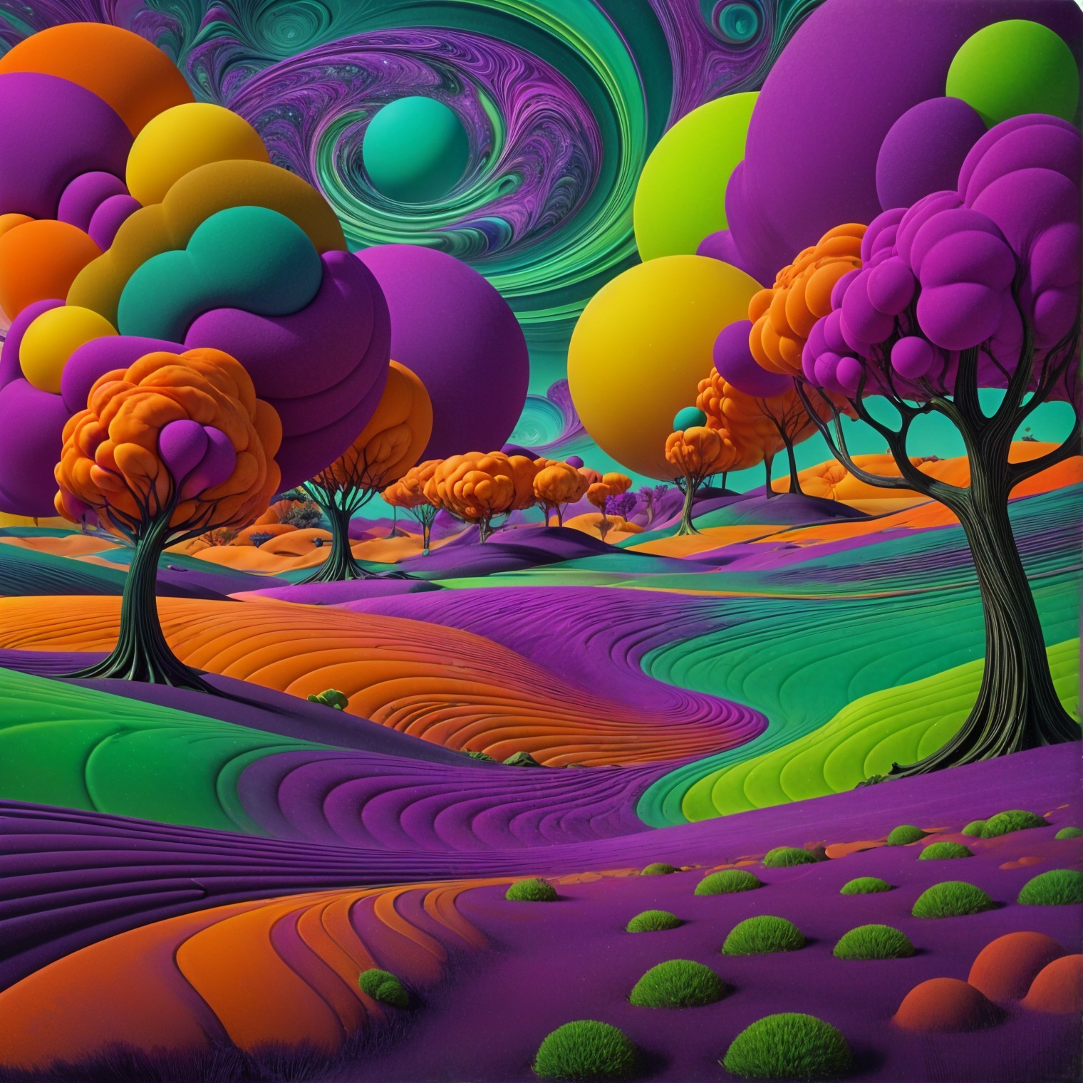Surreal Vibrant Landscape with Whimsical Trees