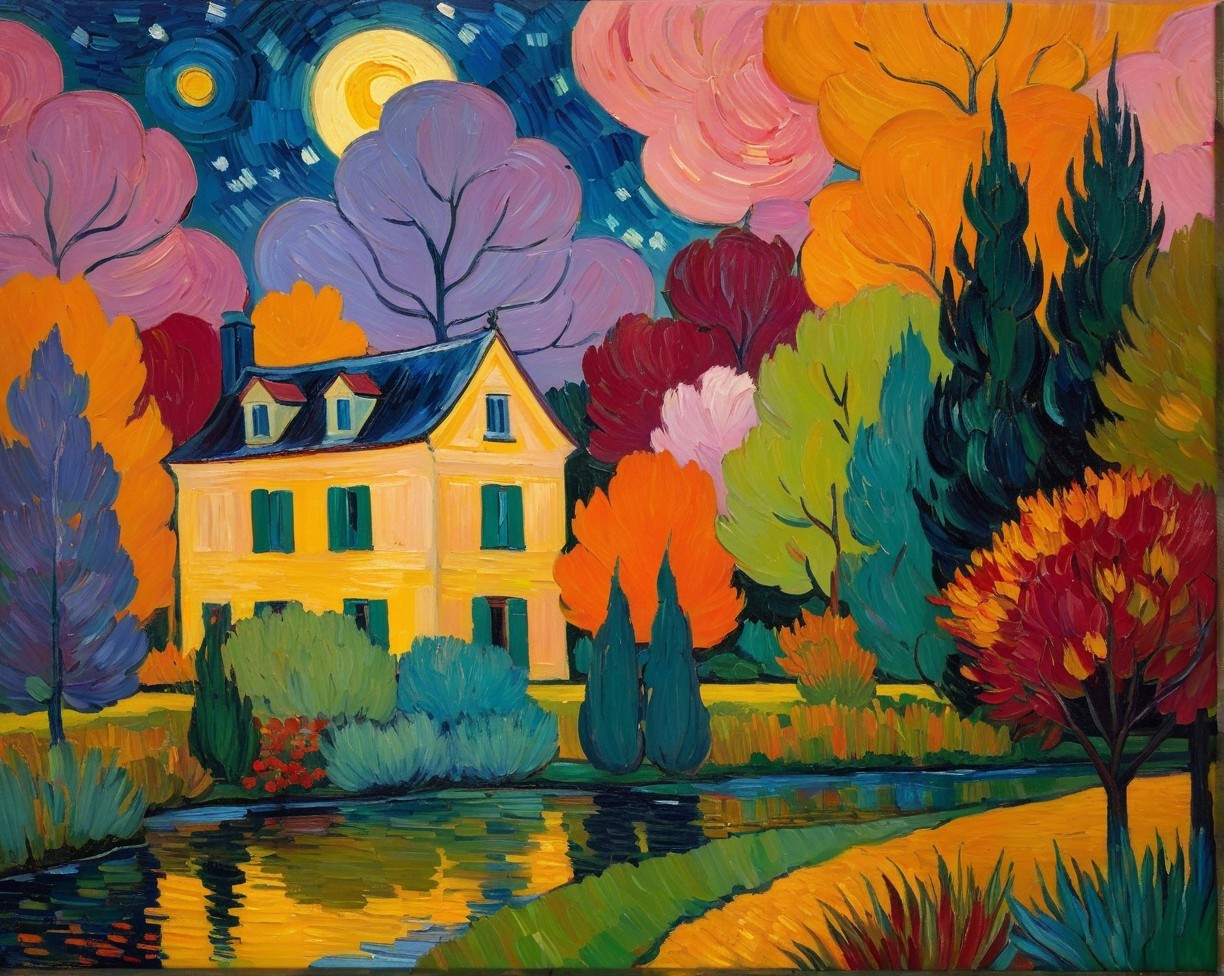 Impressionistic Landscape with Autumn Colors and Moonlight