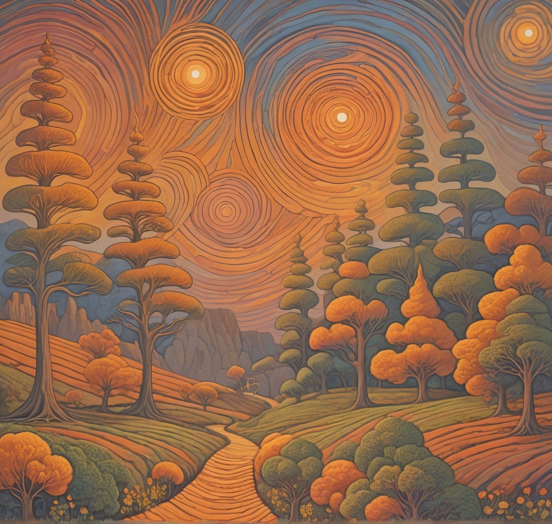 Vibrant Landscape with Orange Skies and Whimsical Trees