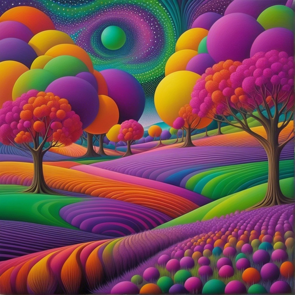 Vibrant Landscape with Whimsical Trees and Cosmic Sky