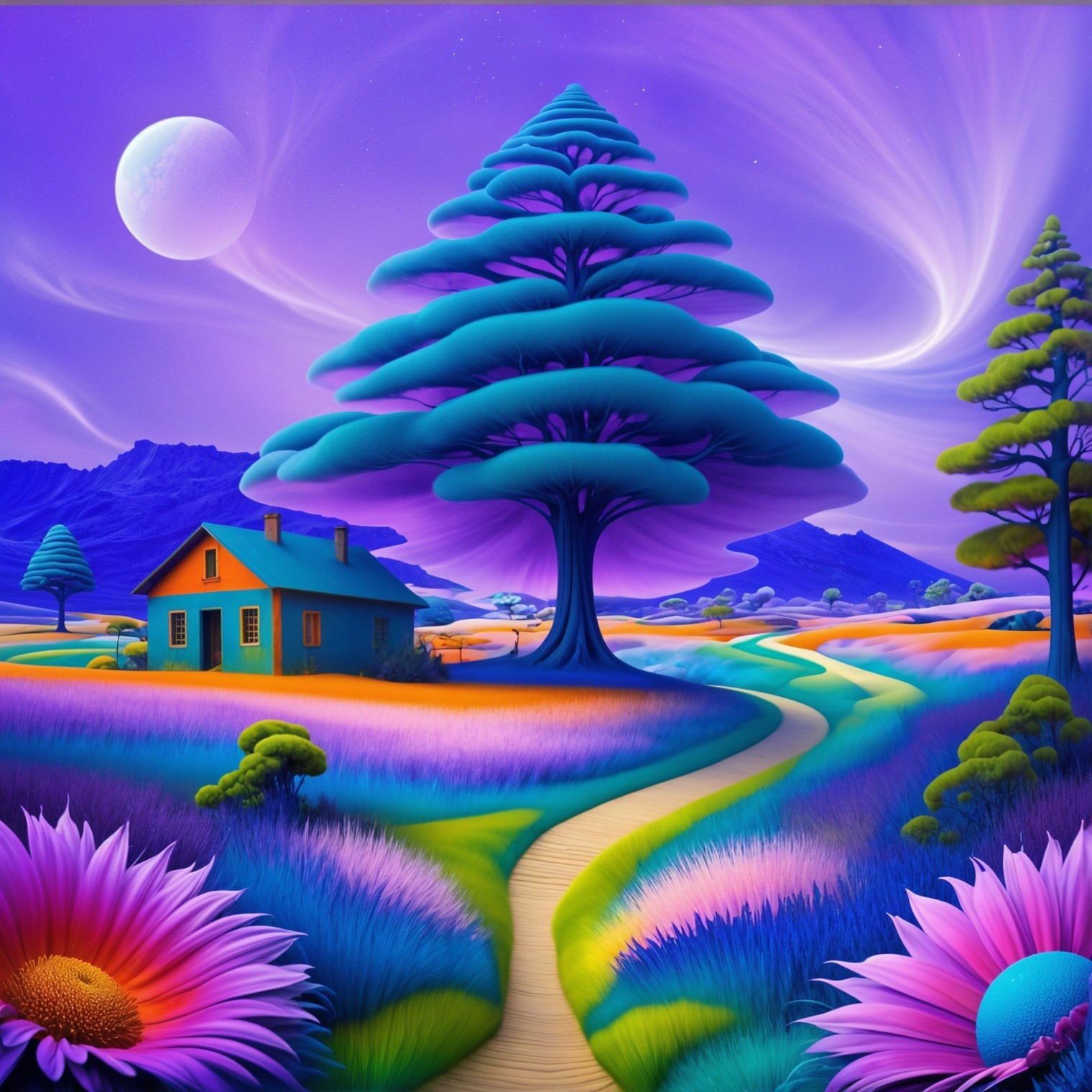 Vibrant Landscape with Whimsical House and Tree