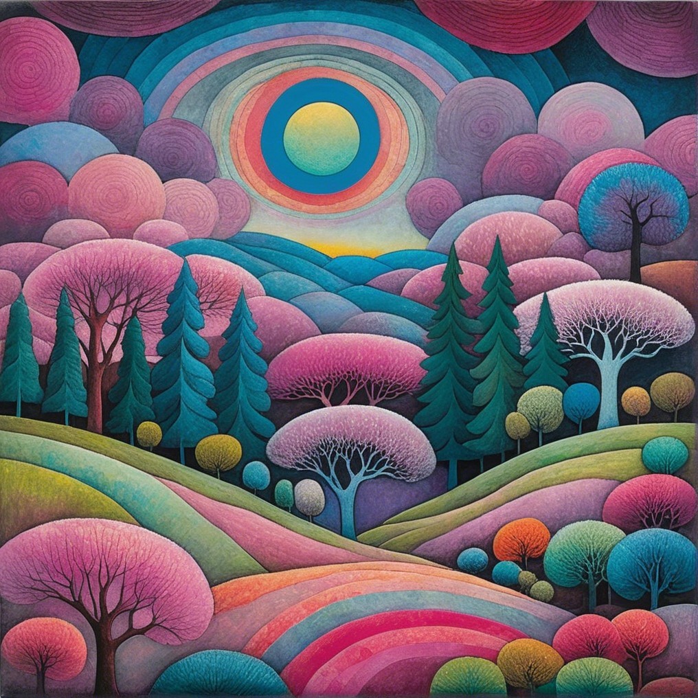 Vibrant Whimsical Landscape with Colorful Elements