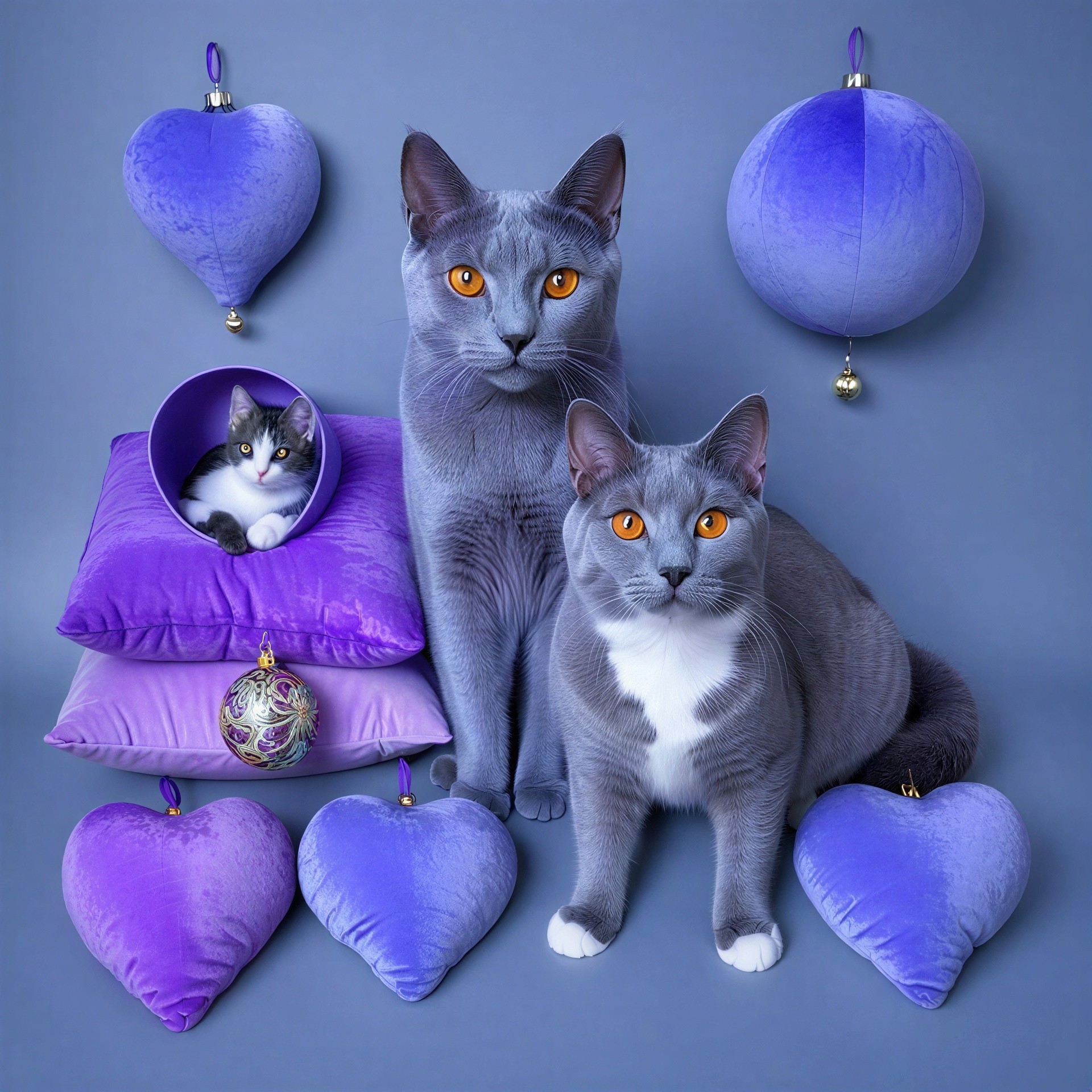 Adult Grey Cats and Kitten in Studio with Purple Decor