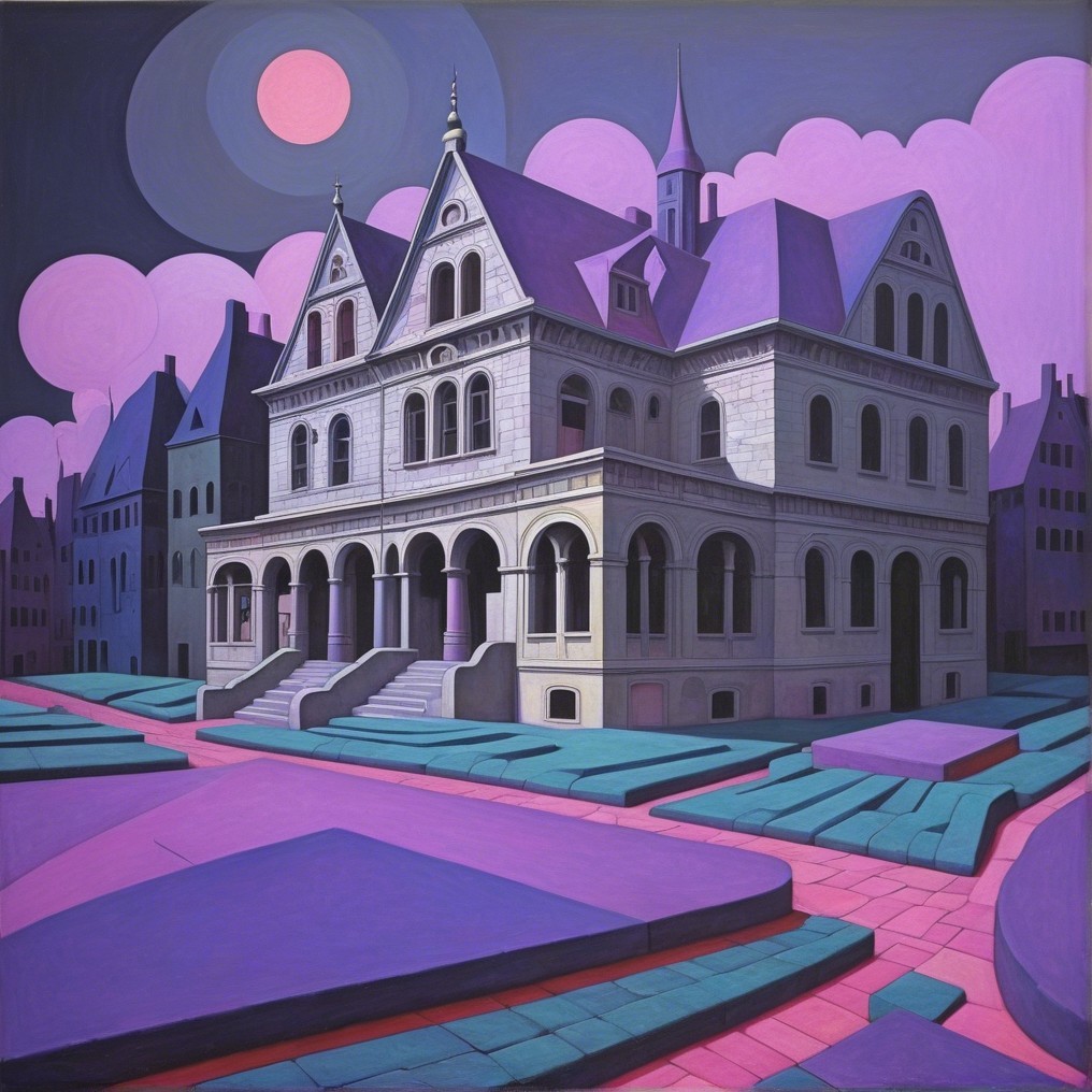 Ornate mansion illustration with vibrant surreal backdrop