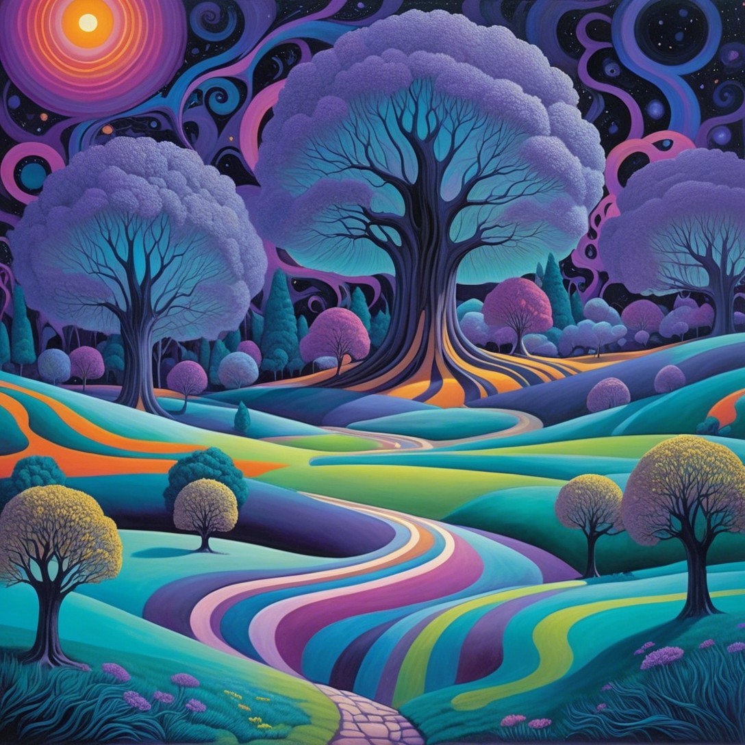 Surreal Landscape with Colorful Hills and Trees