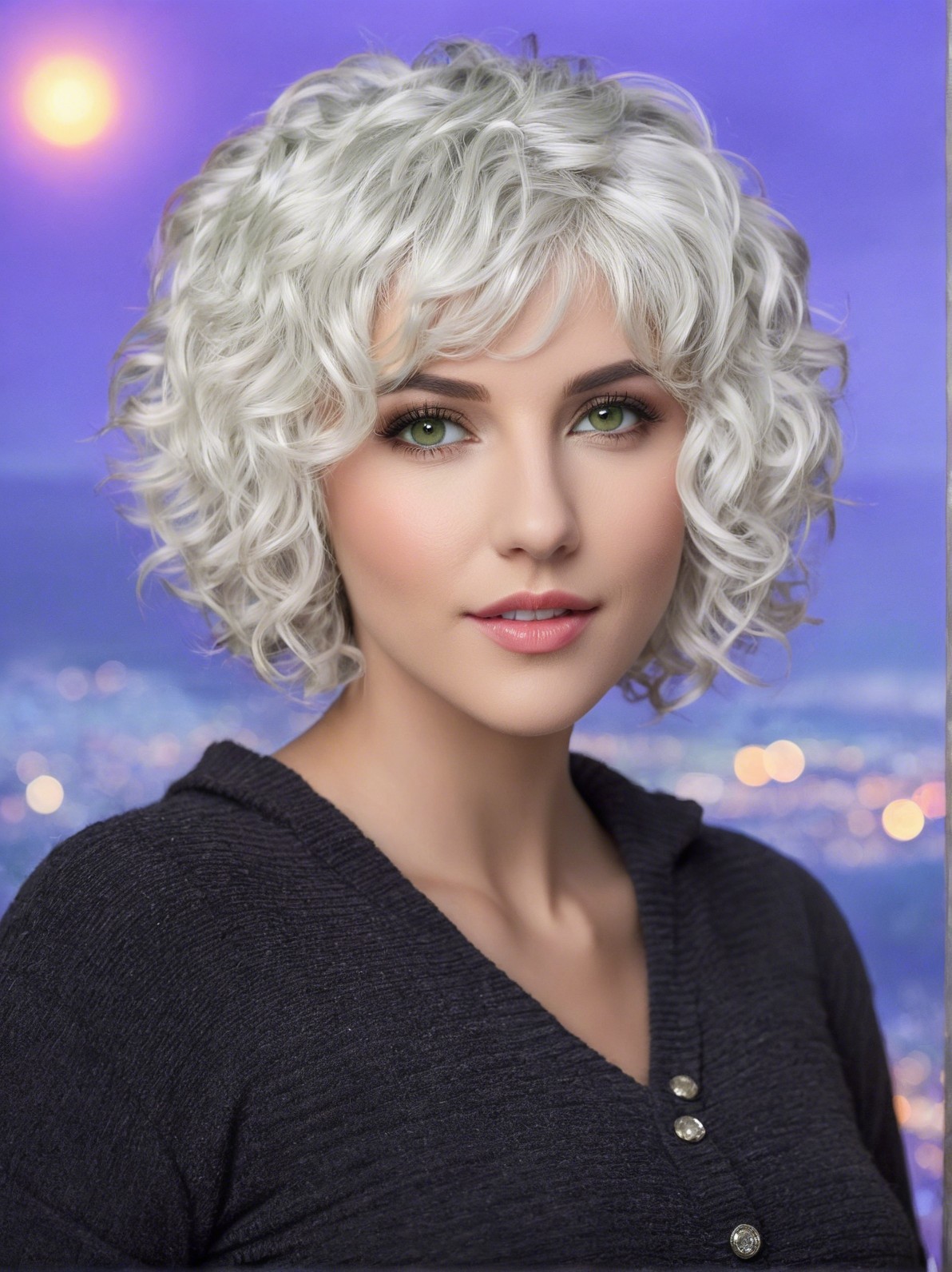Young woman with platinum blonde hair at sunset