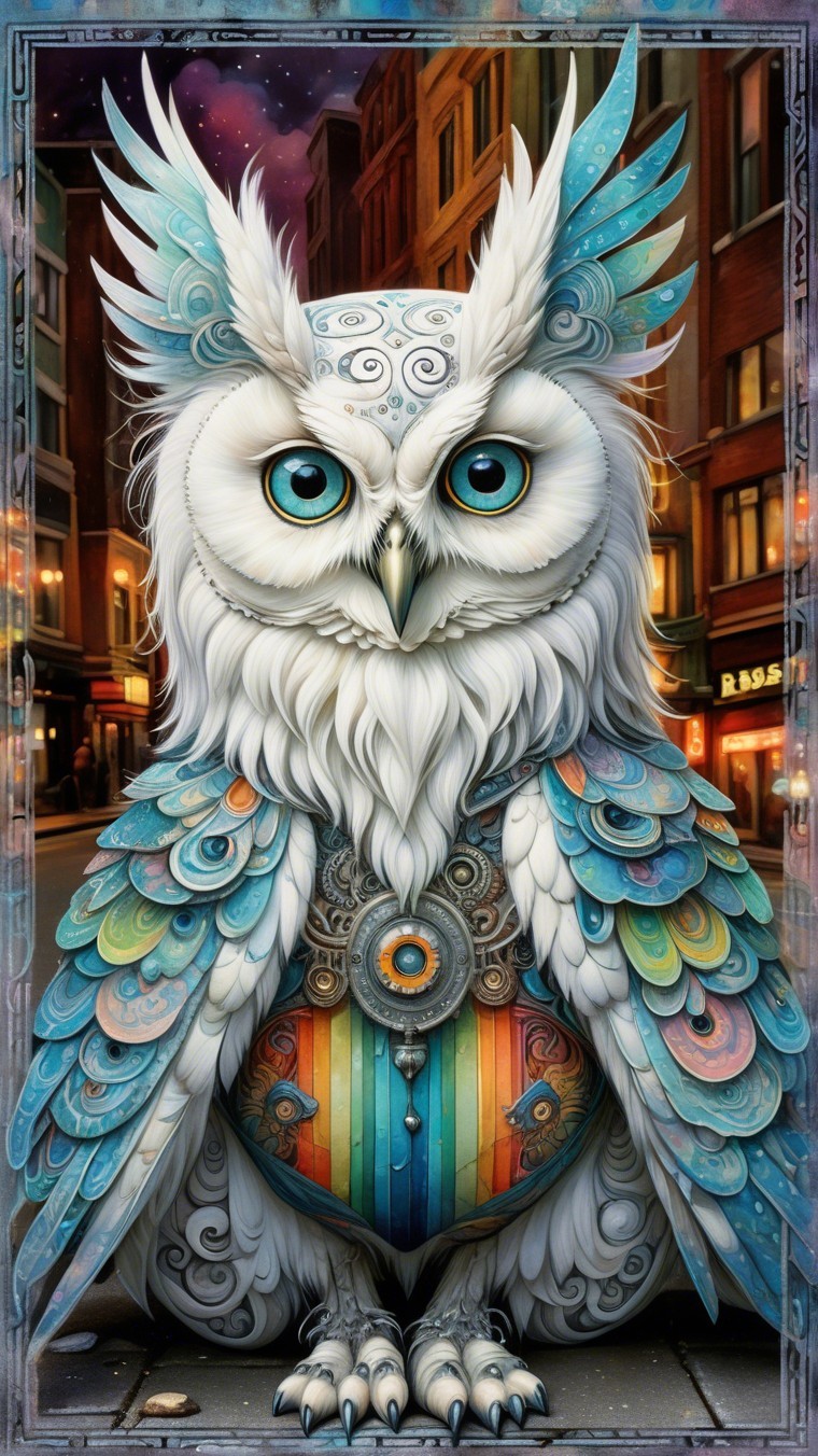 Fantastical owl on a cobblestone street at night