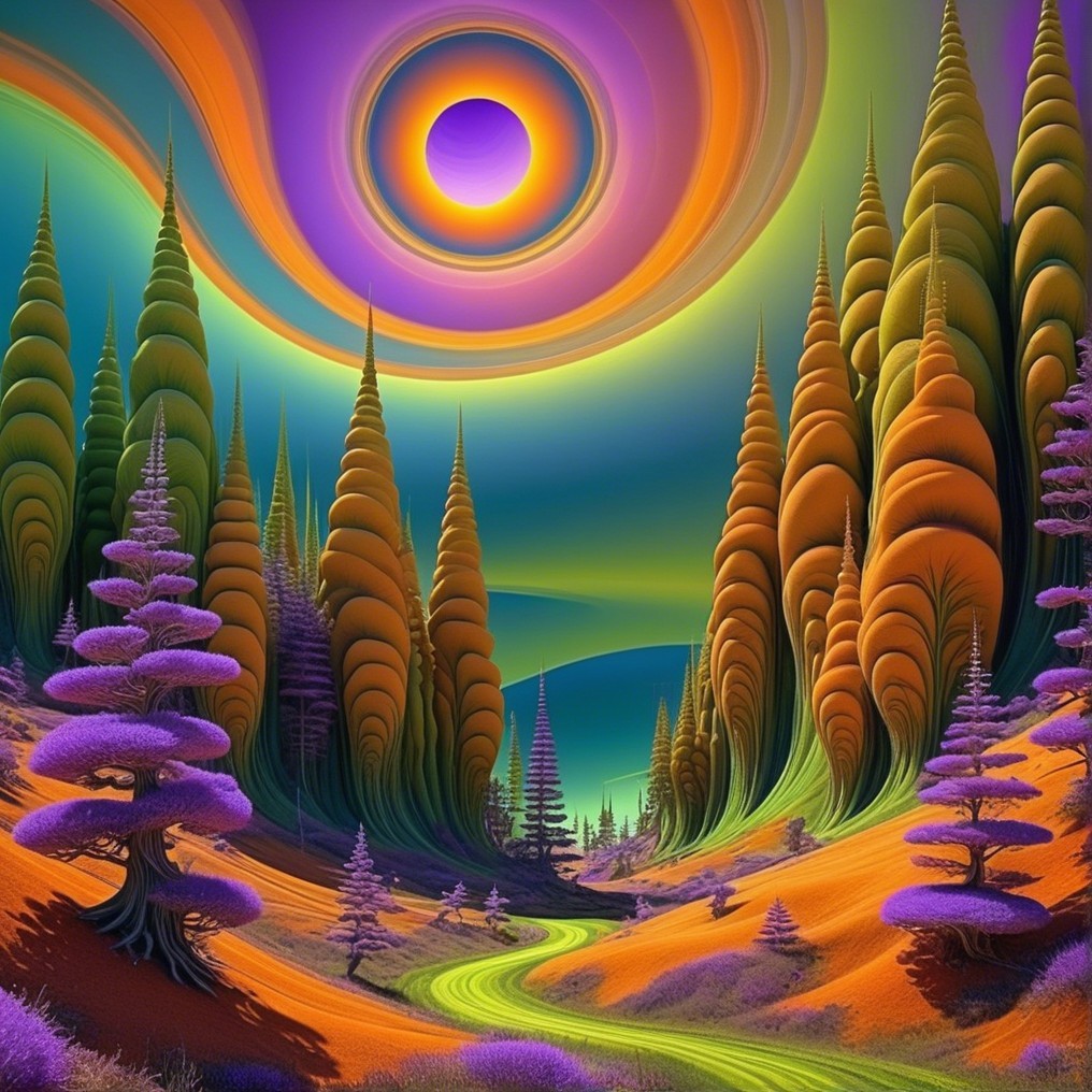 Surreal Landscape with Vibrant Colors and Trees
