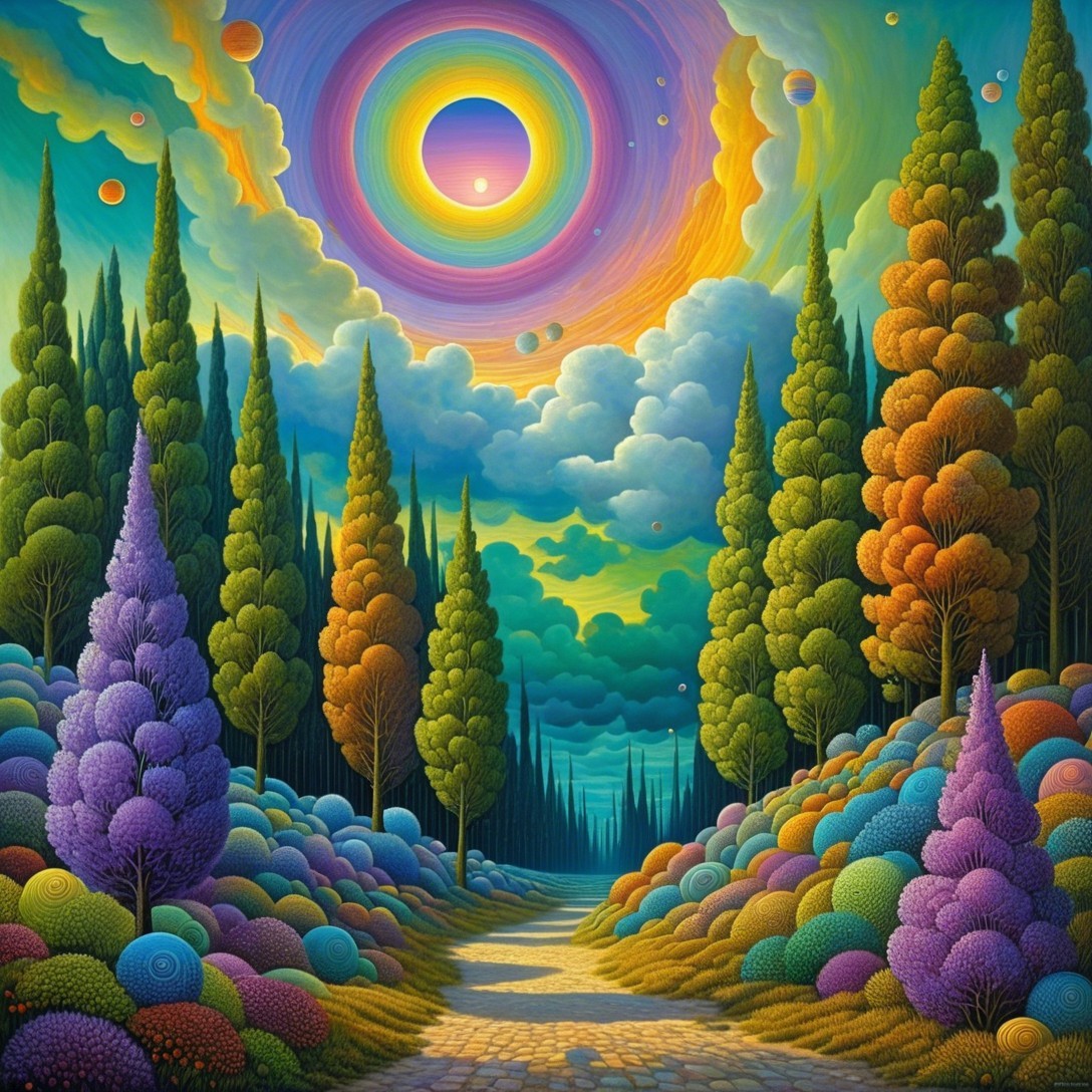 Vibrant Landscape with Winding Path and Cosmic Sky