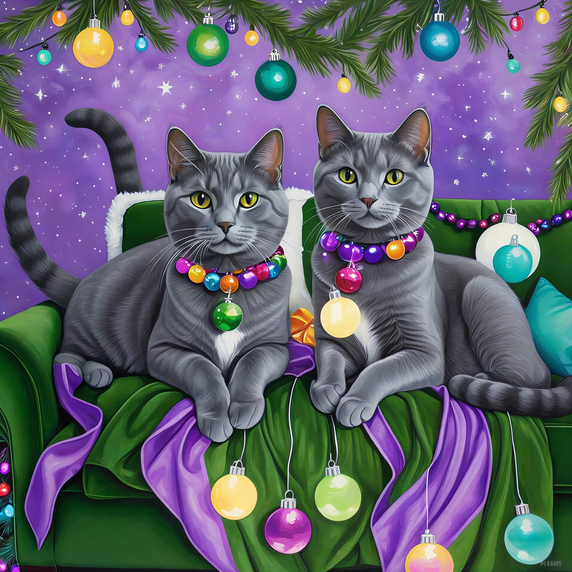 Gray cats with yellow eyes on a green couch scene