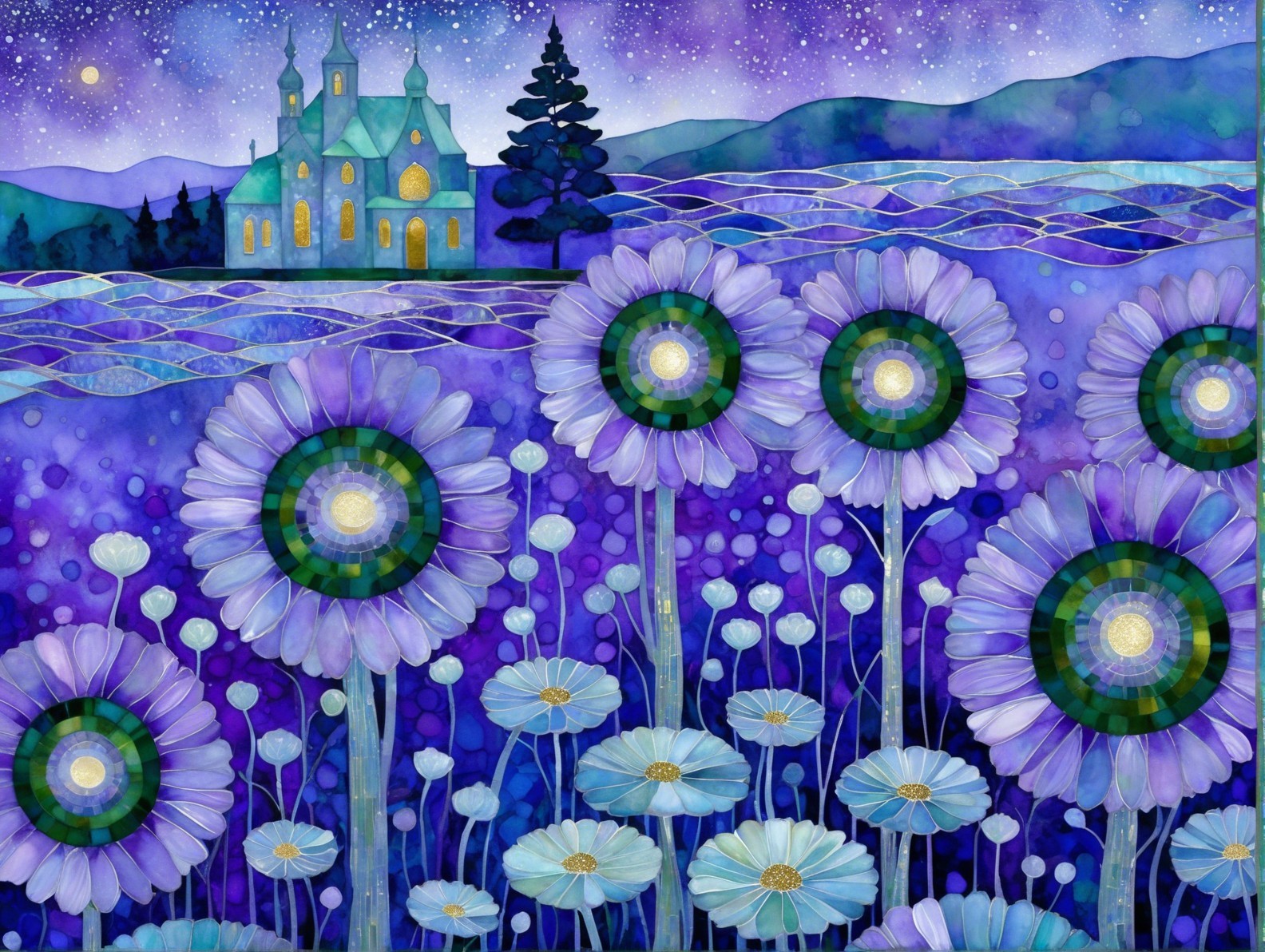 Dreamy Watercolor of Purple Landscape and Castle