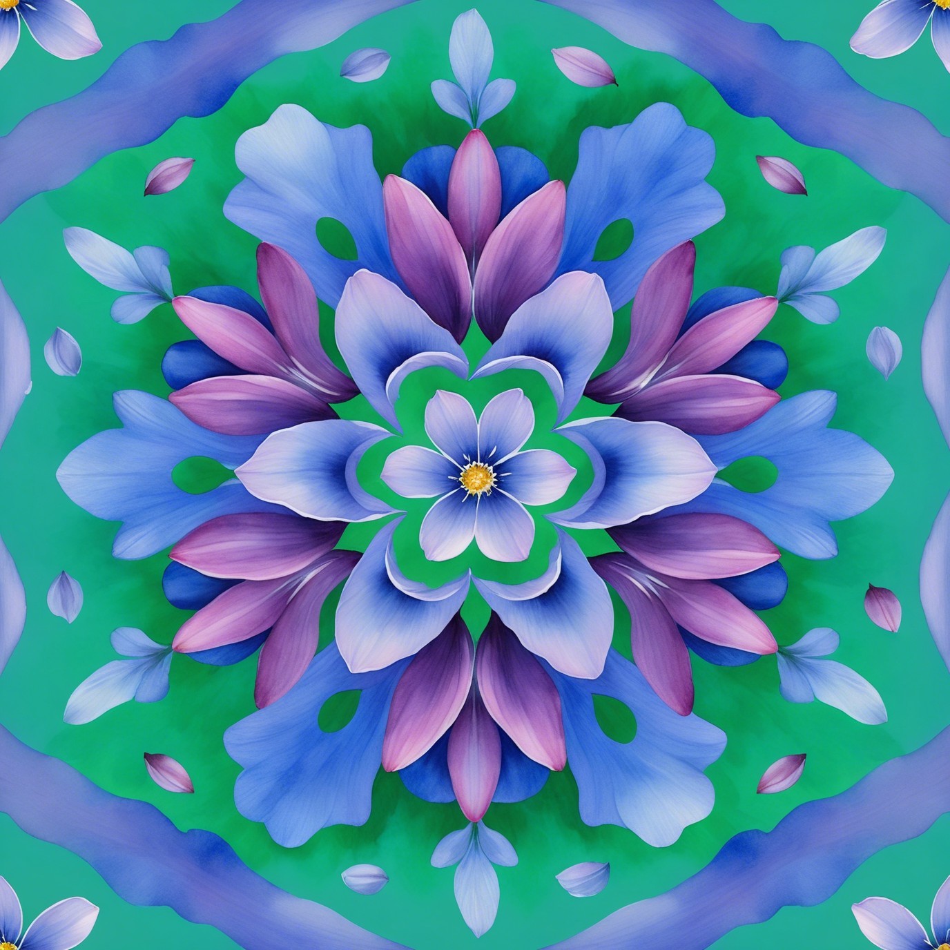 Symmetrical mandala pattern with floral design elements