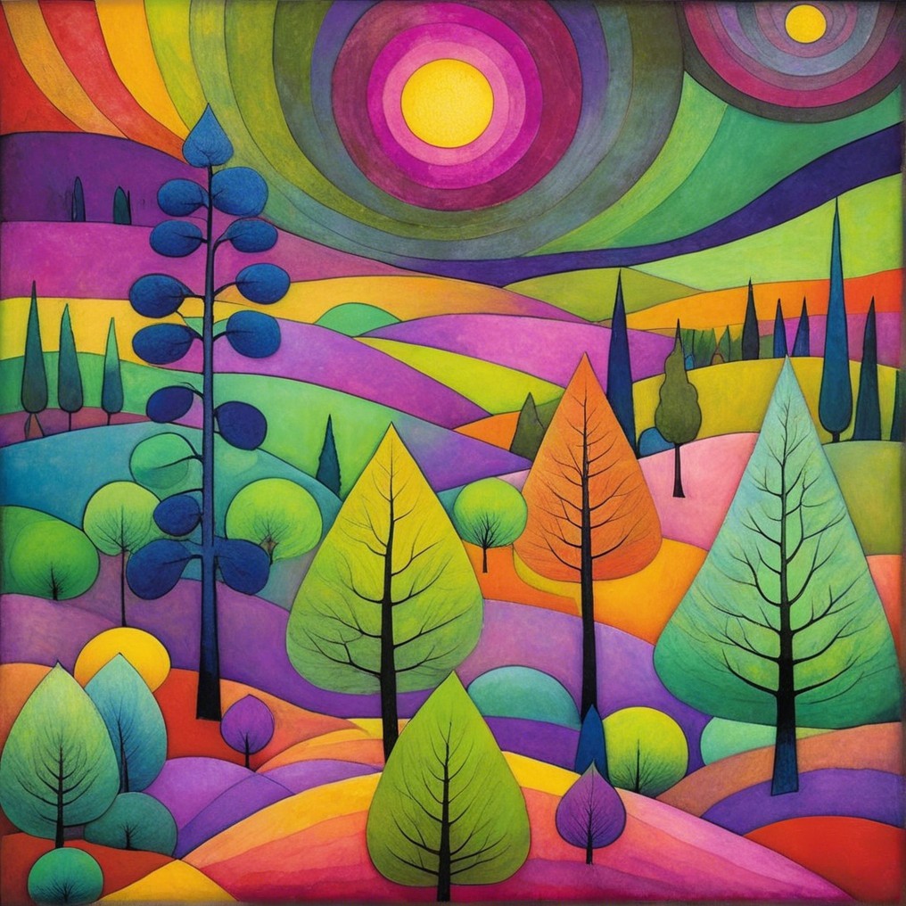 Vibrant Landscape with Stylized Trees and Hills