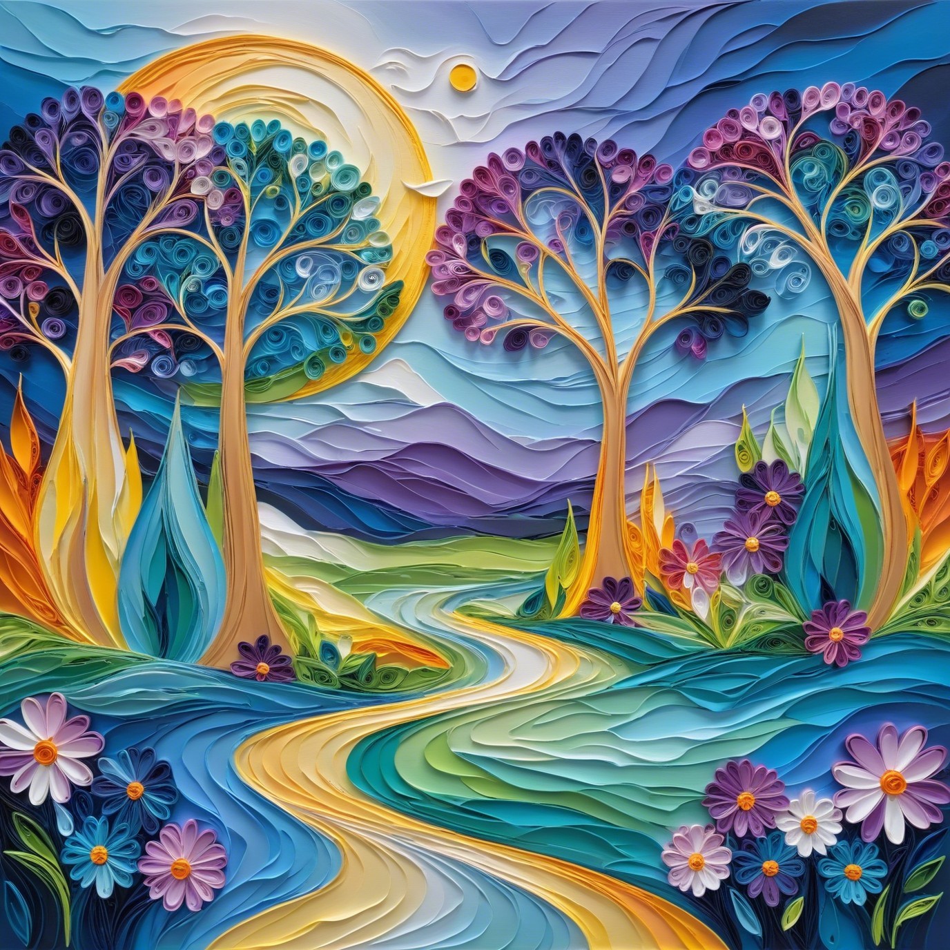 Colorful Quilling Paper Art Landscape with Trees and Sun