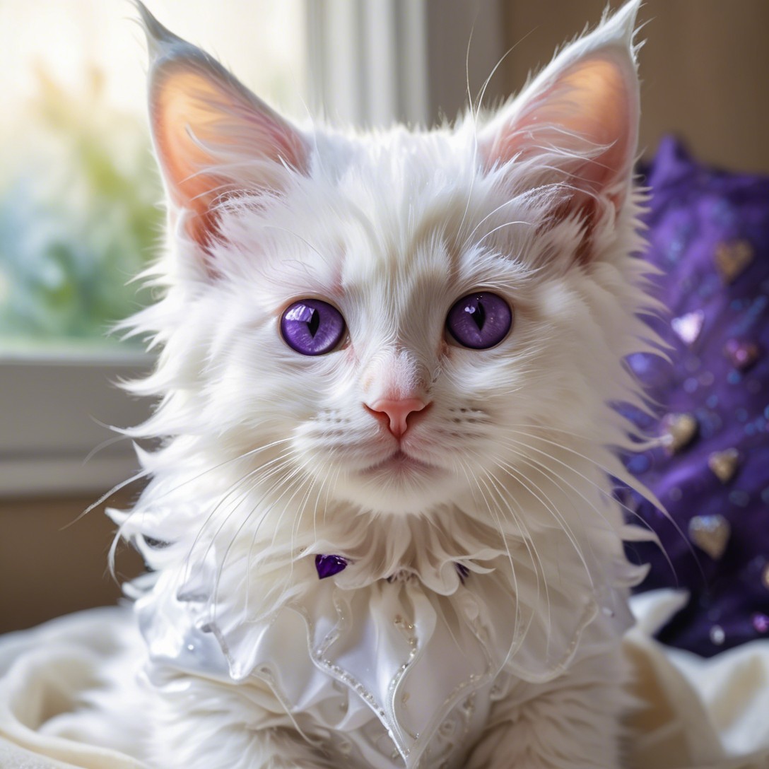 Fluffy White Kitten with Purple Eyes and Regal Collar