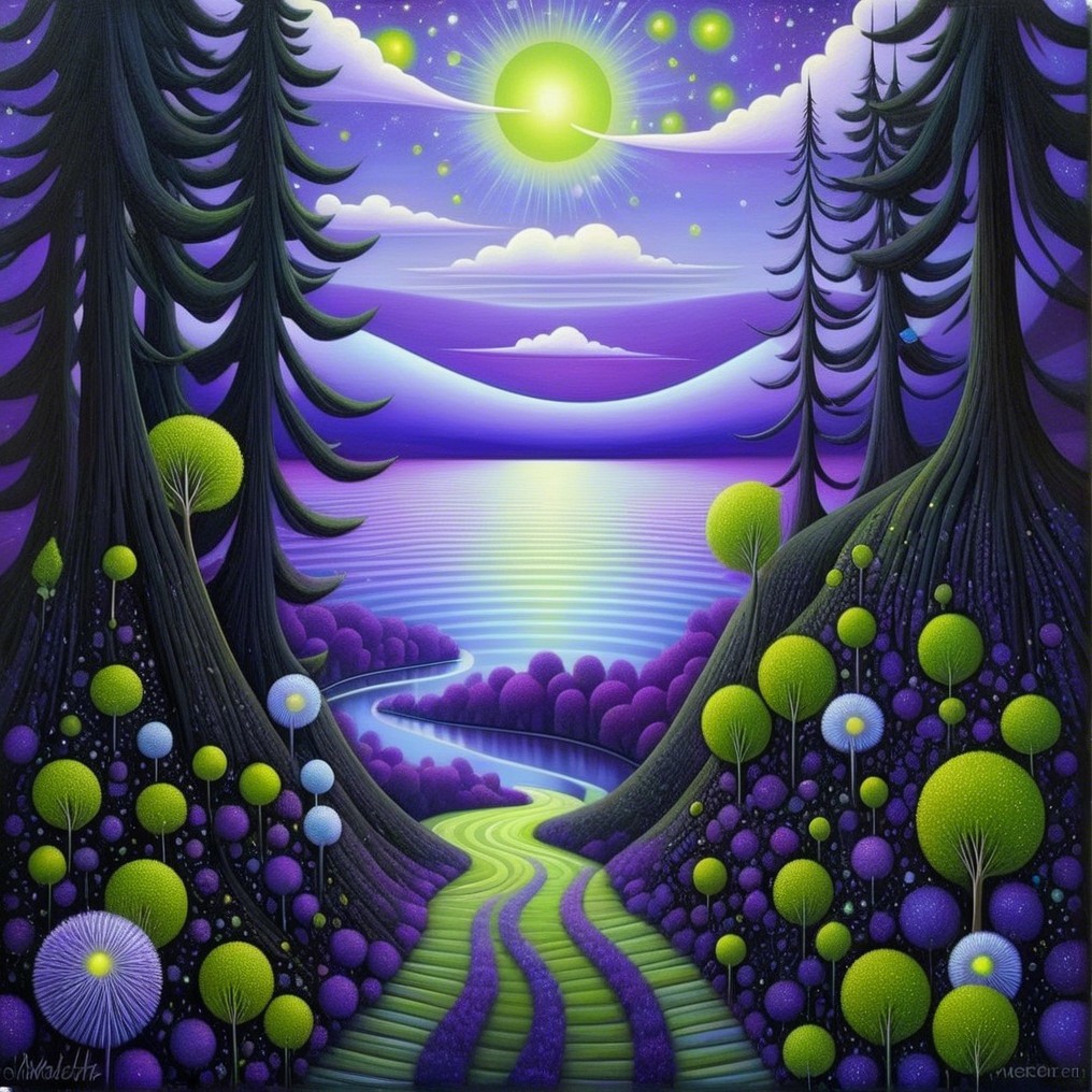 Surreal Landscape with River, Trees, and Colorful Spheres