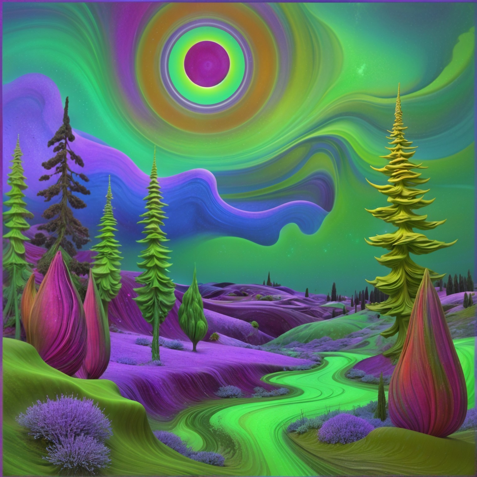 Surreal Landscape with Vibrant Colors and Trees