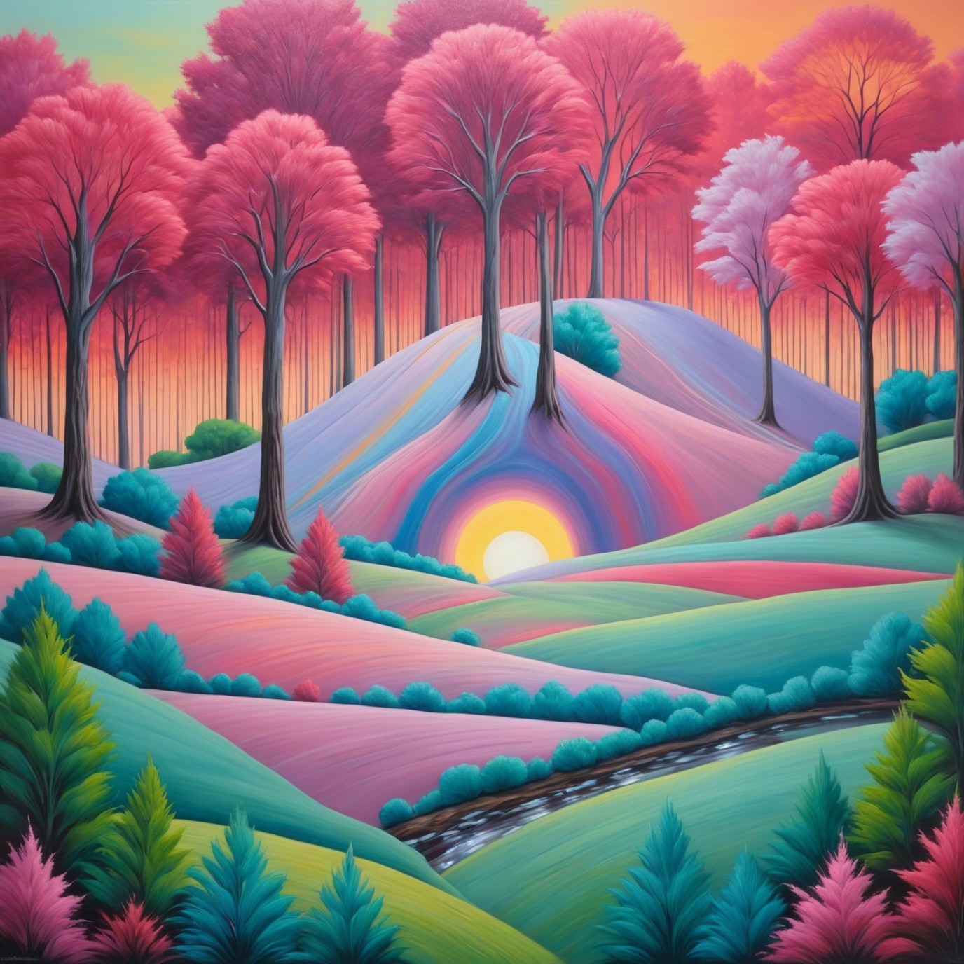Whimsical Landscape with Vibrant Colors and Trees