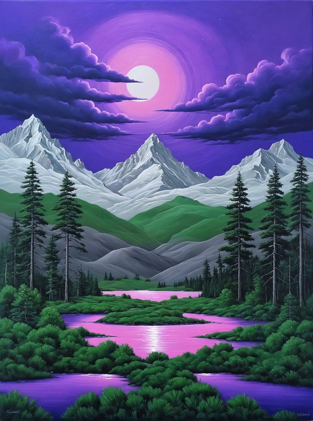 Vibrant Twilight Mountain Landscape with Full Moon