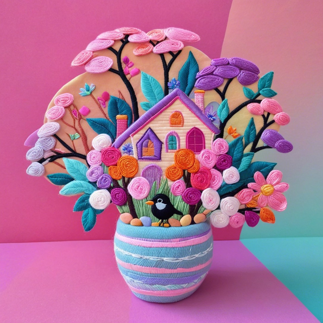 Embroidered Art of Whimsical House and Colorful Flowers