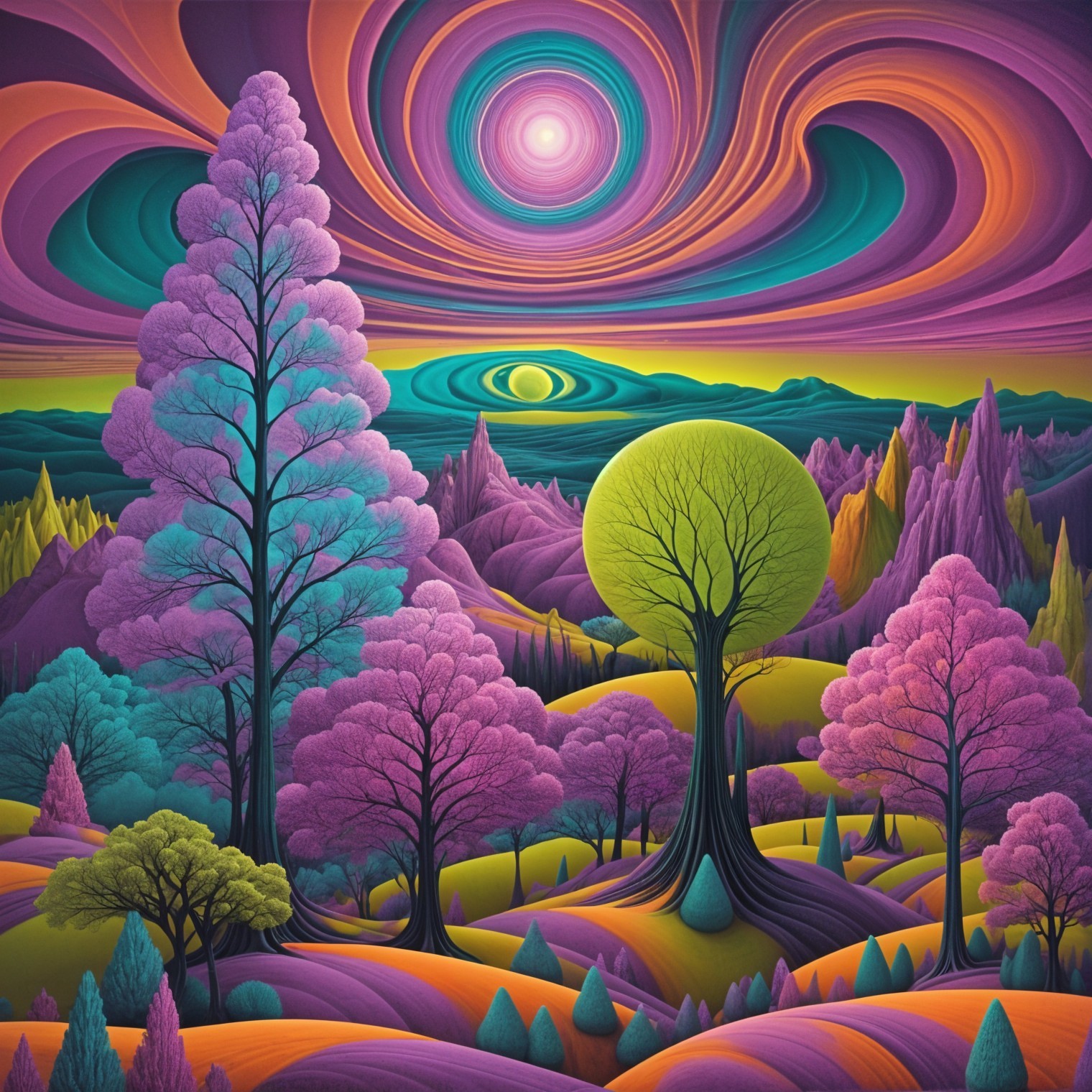 Surreal Landscape with Colorful Trees and Hills
