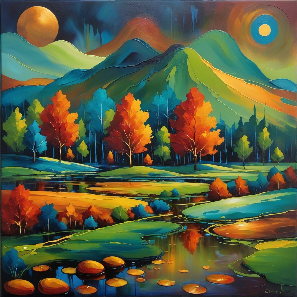 Vibrant Landscape with Mountains and Autumn Pond