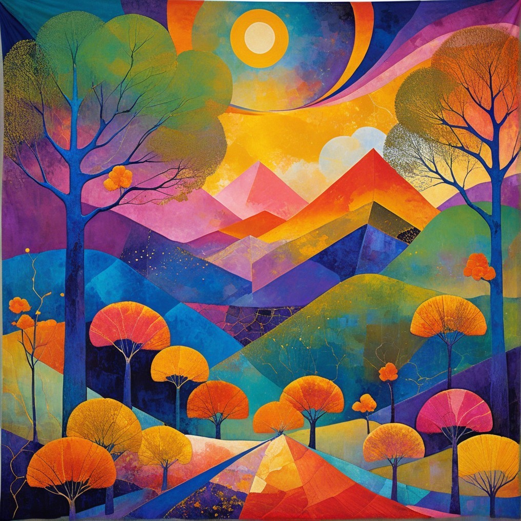 Vibrant Landscape with Geometric Mountains and Sunset