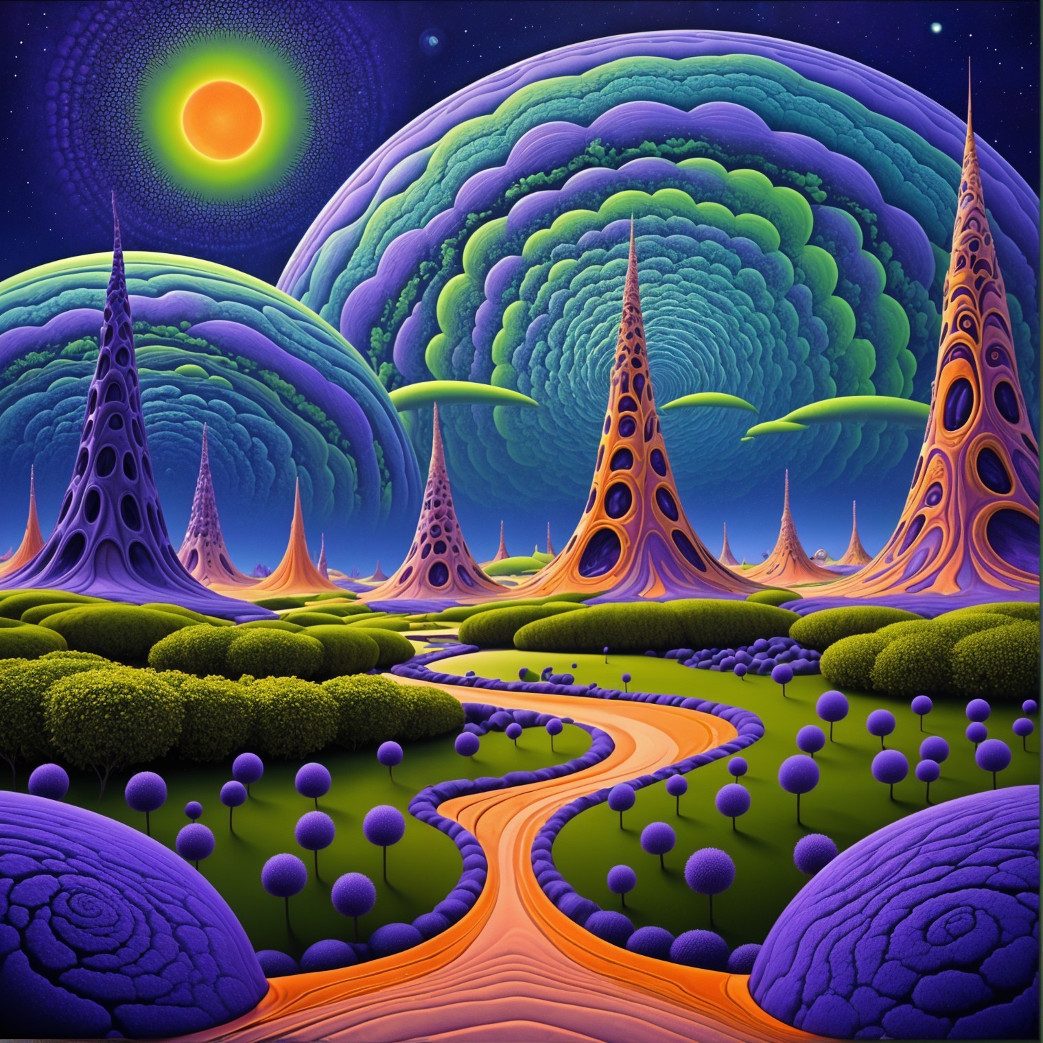 Surreal Vibrant Landscape with Cosmic Elements