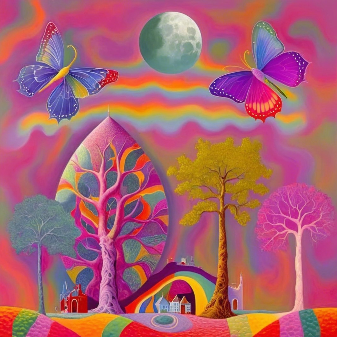 Surreal Landscape with Colorful Trees and Butterflies