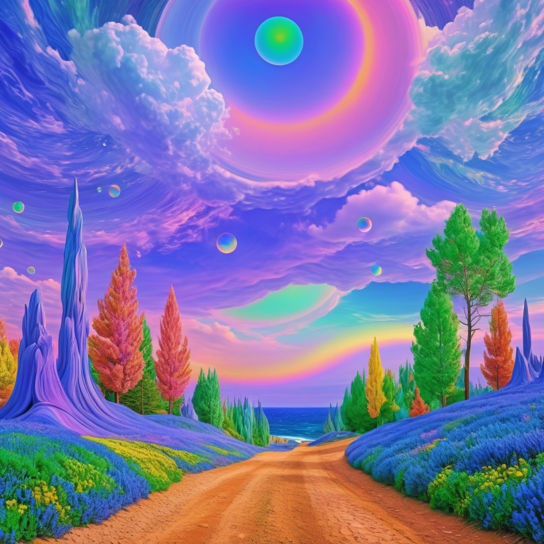 Surreal Landscape with Colorful Trees and Ocean