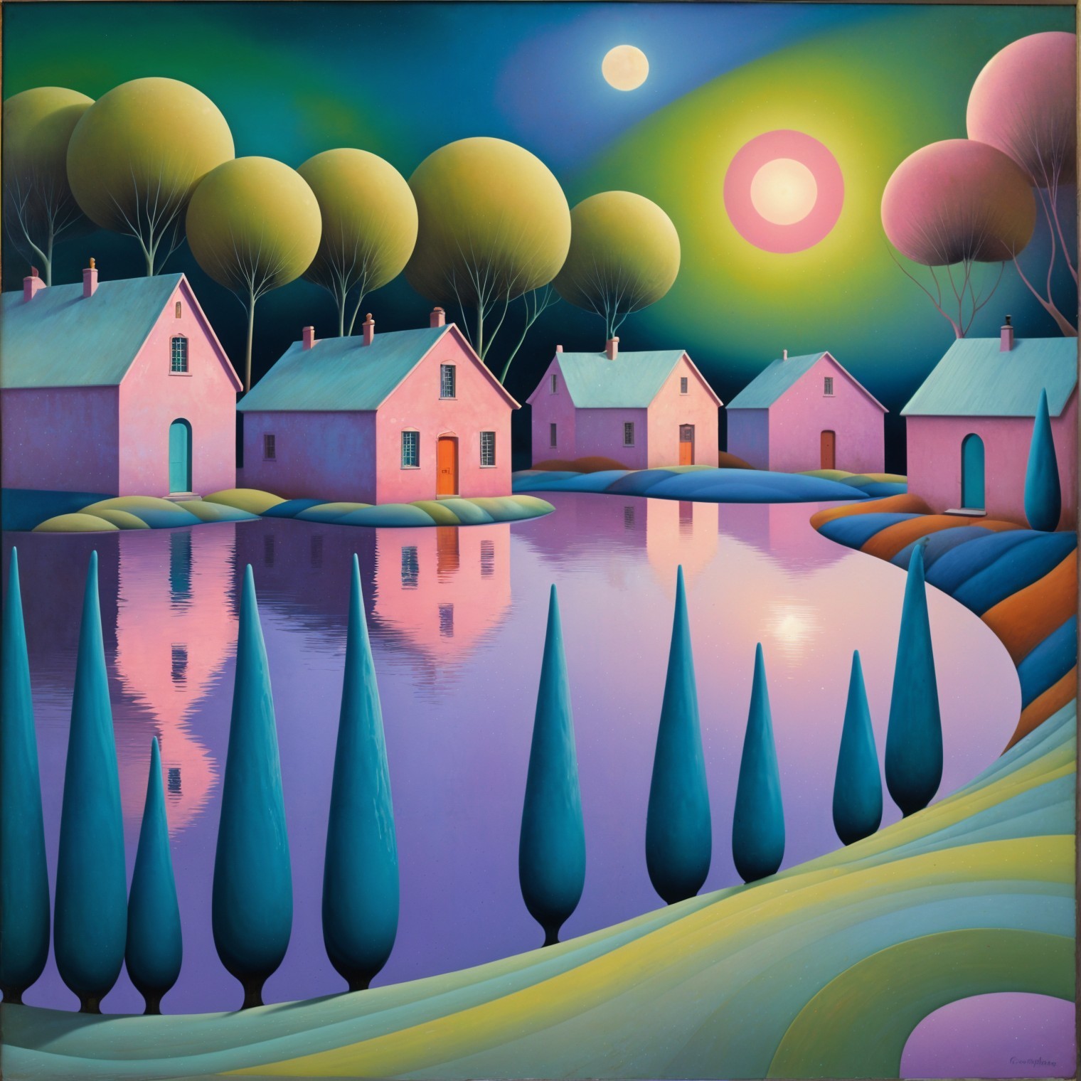 Surreal Landscape with Pastel Houses and Lake Reflection