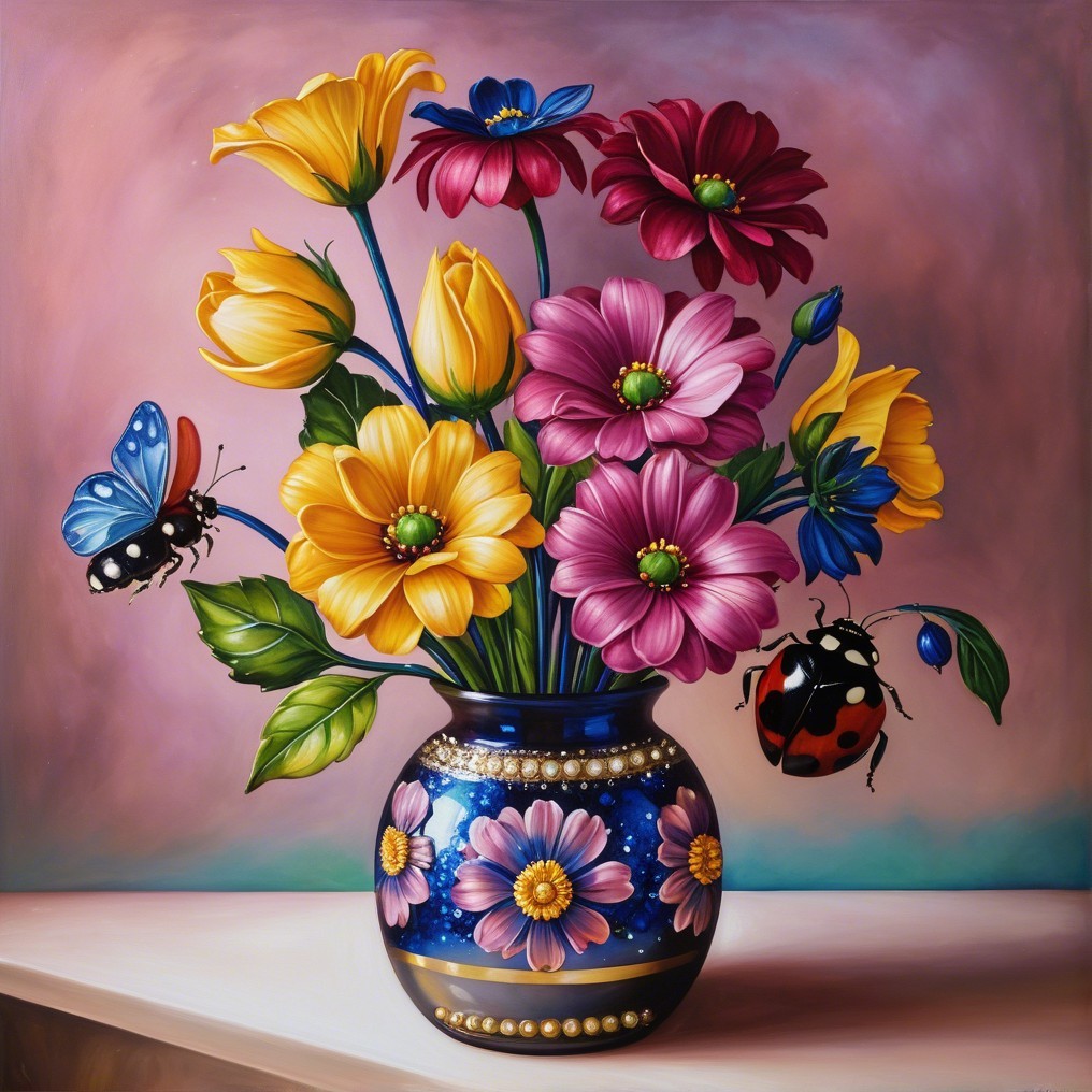 Vibrant Bouquet in Blue Vase with Butterflies and Ladybugs