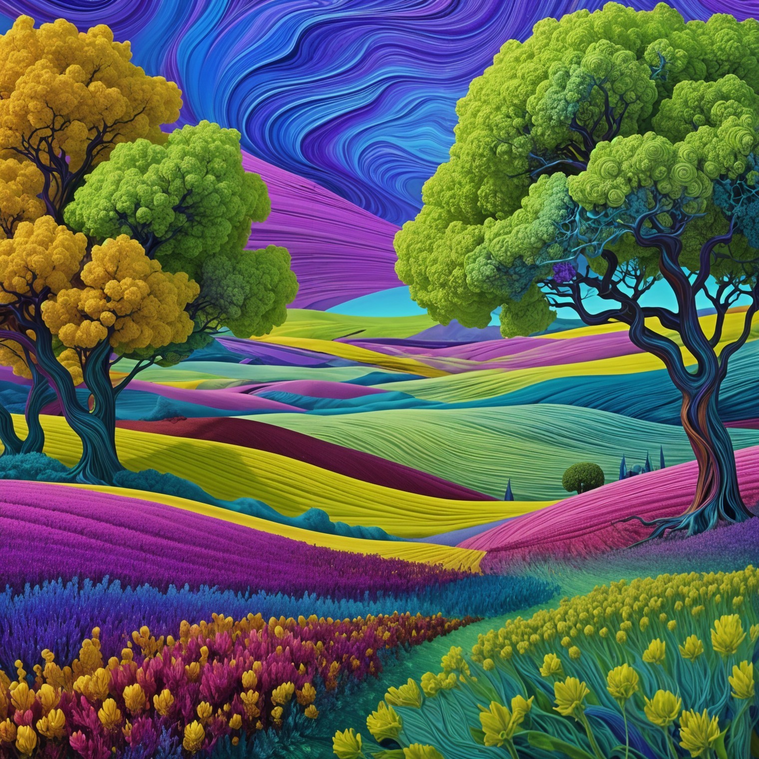 Vibrant Landscape with Colorful Fields and Dreamlike Sky