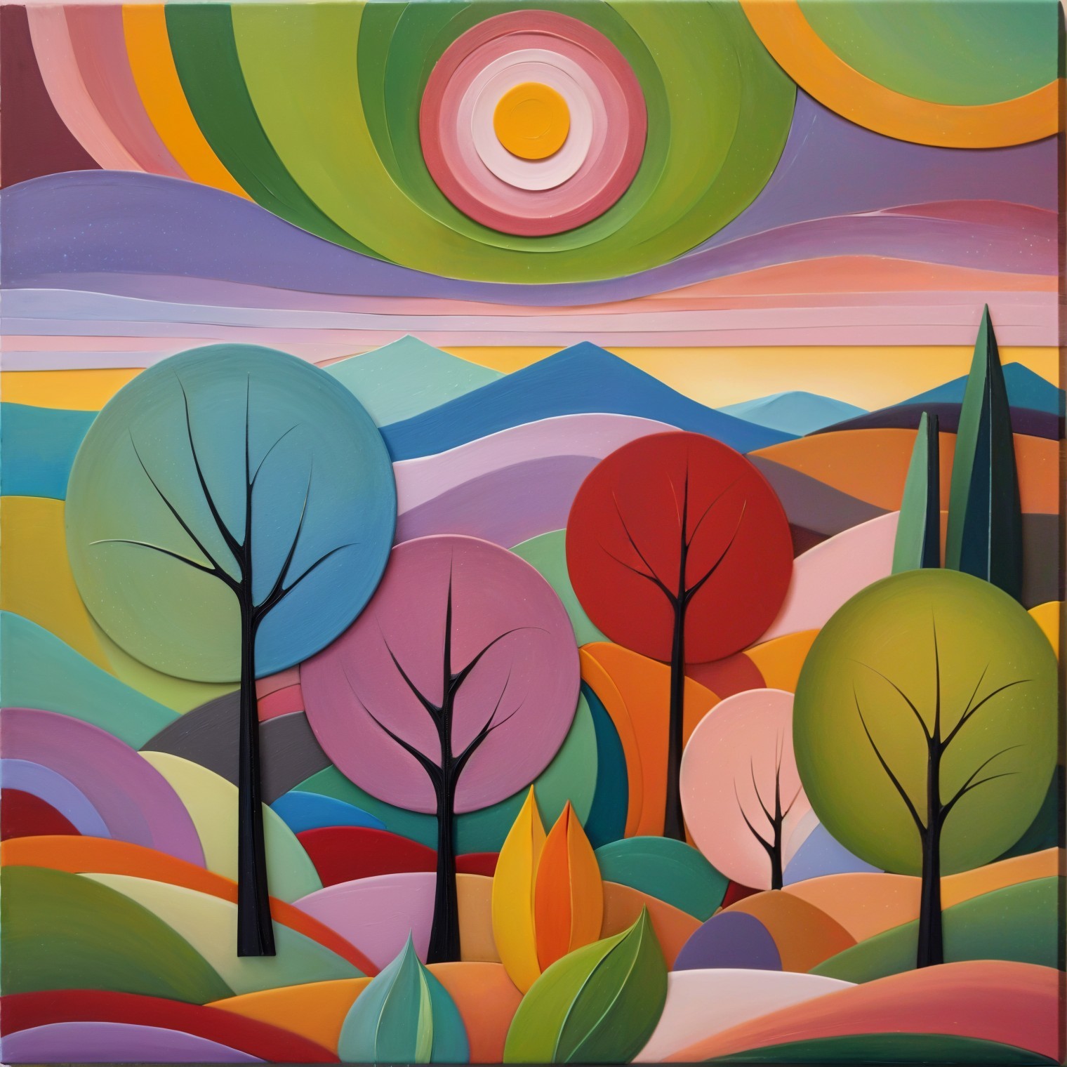 Vibrant Stylized Landscape with Colorful Elements