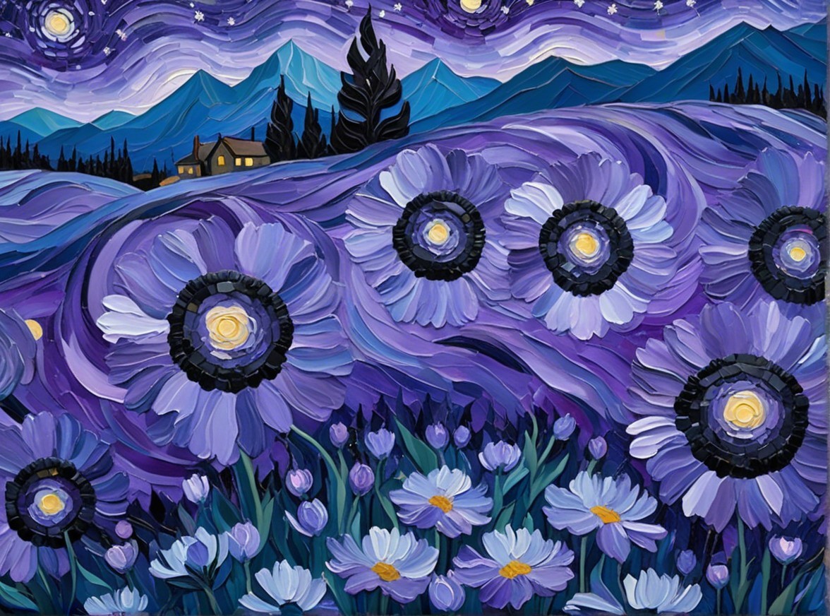 Vibrant Landscape with Purple Flowers and Starry Sky