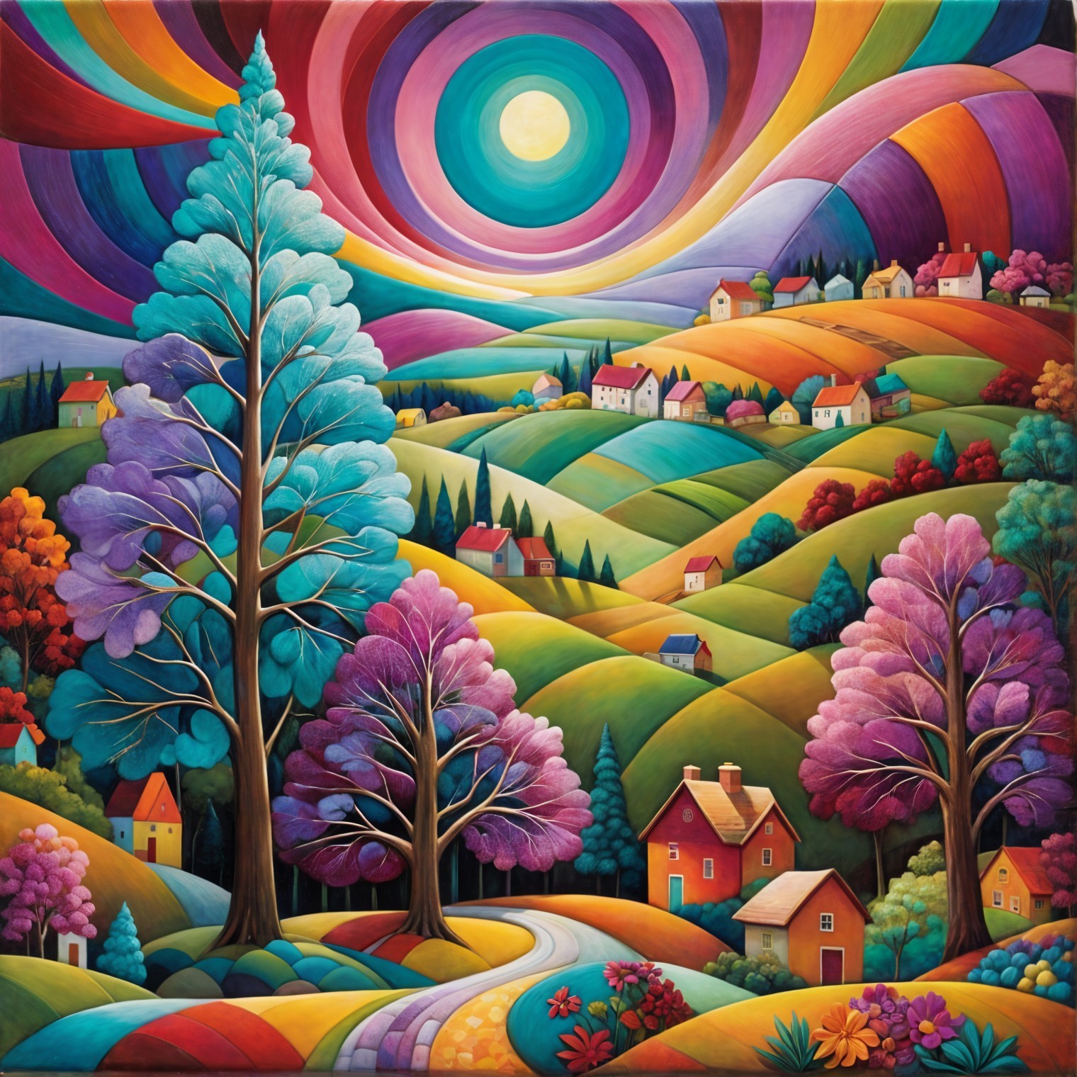 Vibrant Landscape with Colorful Houses and Trees