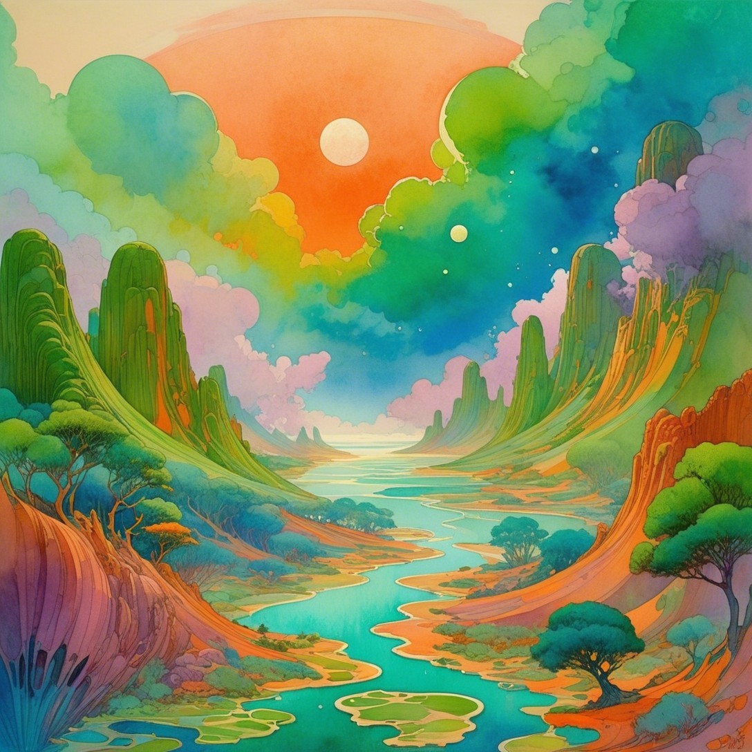 Surreal Landscape with Colorful Mountains and River
