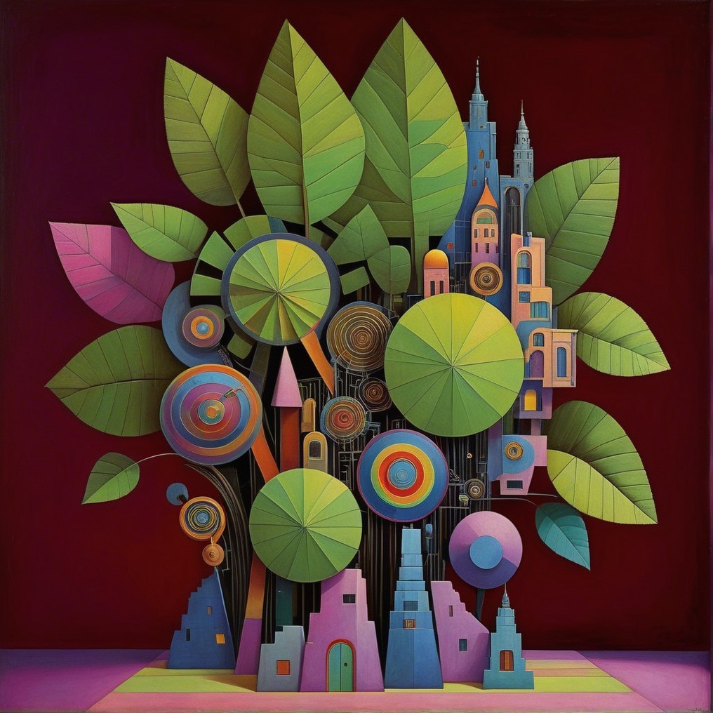 Vibrant Abstract Composition with Geometric Trees and Shapes