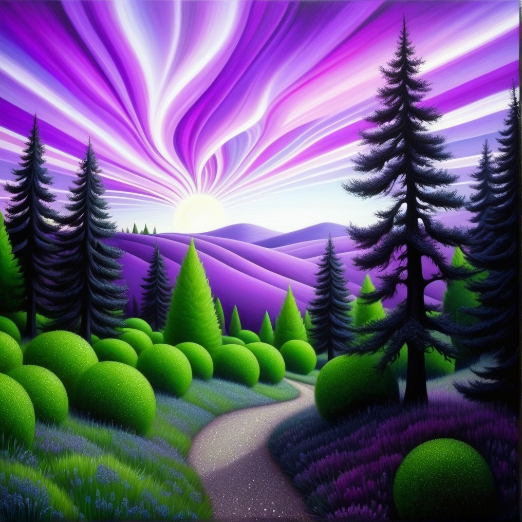 Vibrant Landscape with Purple Hills and Sunset Glow