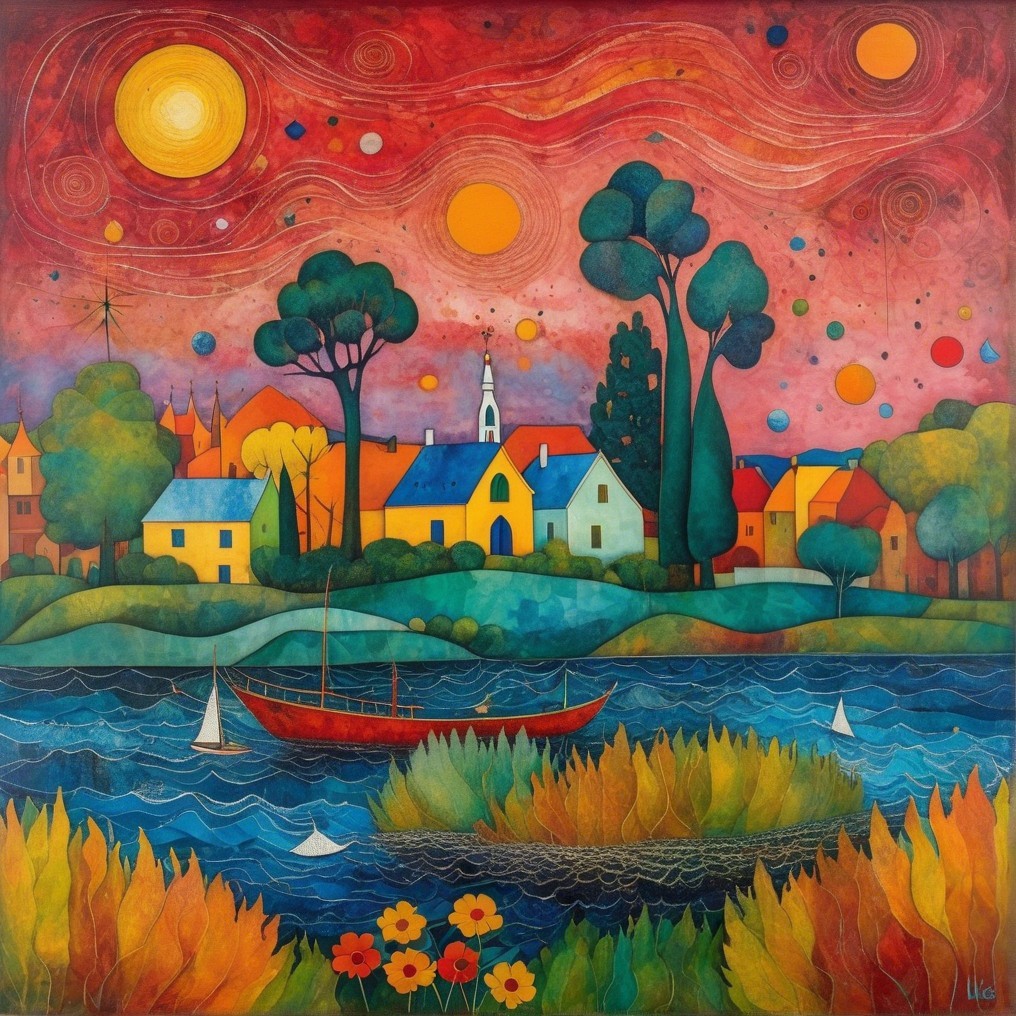 Vibrant Village Landscape with Celestial Sky and Water